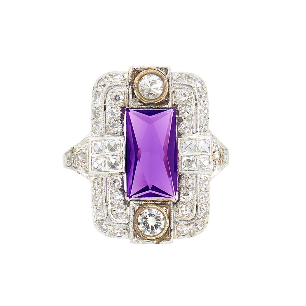 Lot image - Platinum, Gold, Amethyst and Diamond Ring