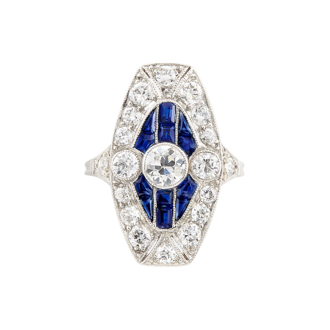 Lot image - Art Deco Platinum, Diamond and Sapphire Ring
