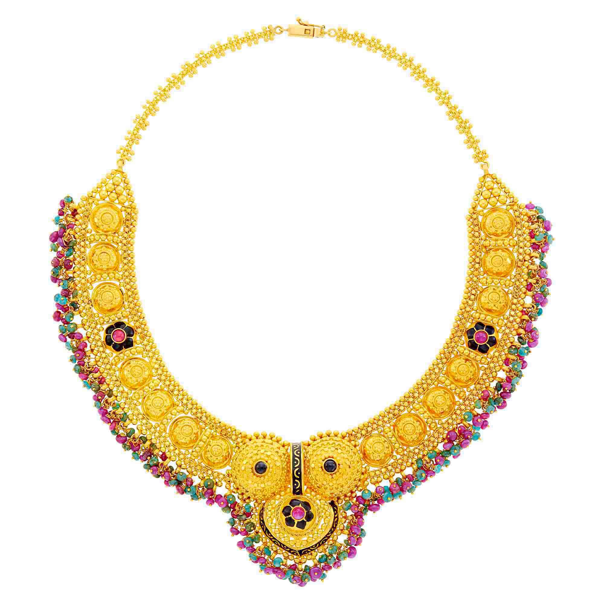 Lot image - Indian High Karat Gold, Black Enamel and Gem-Set Cabochon and Bead Fringe Necklace