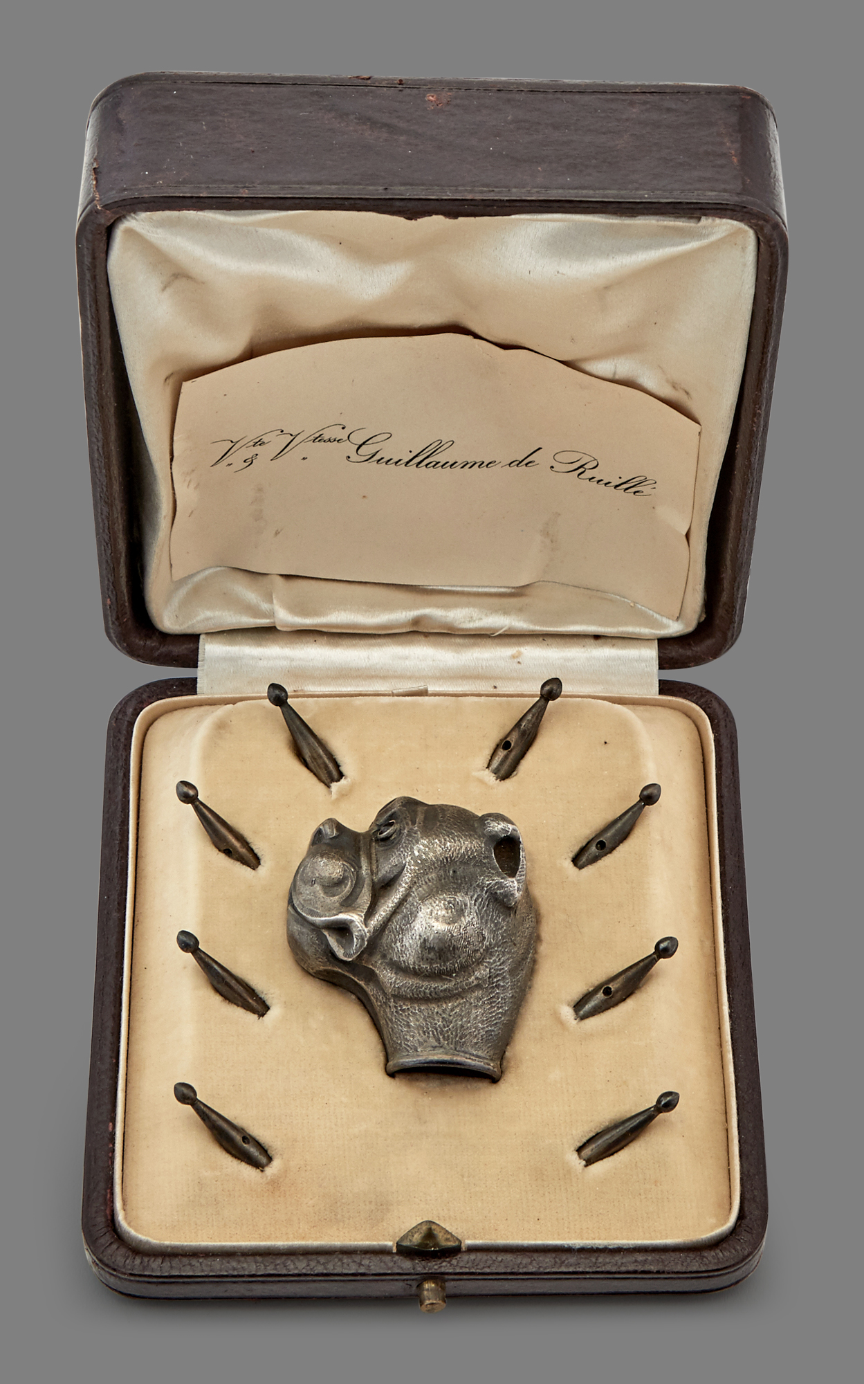 Lot image - Cased French Silver Novelty Bulldog Parasol Handle