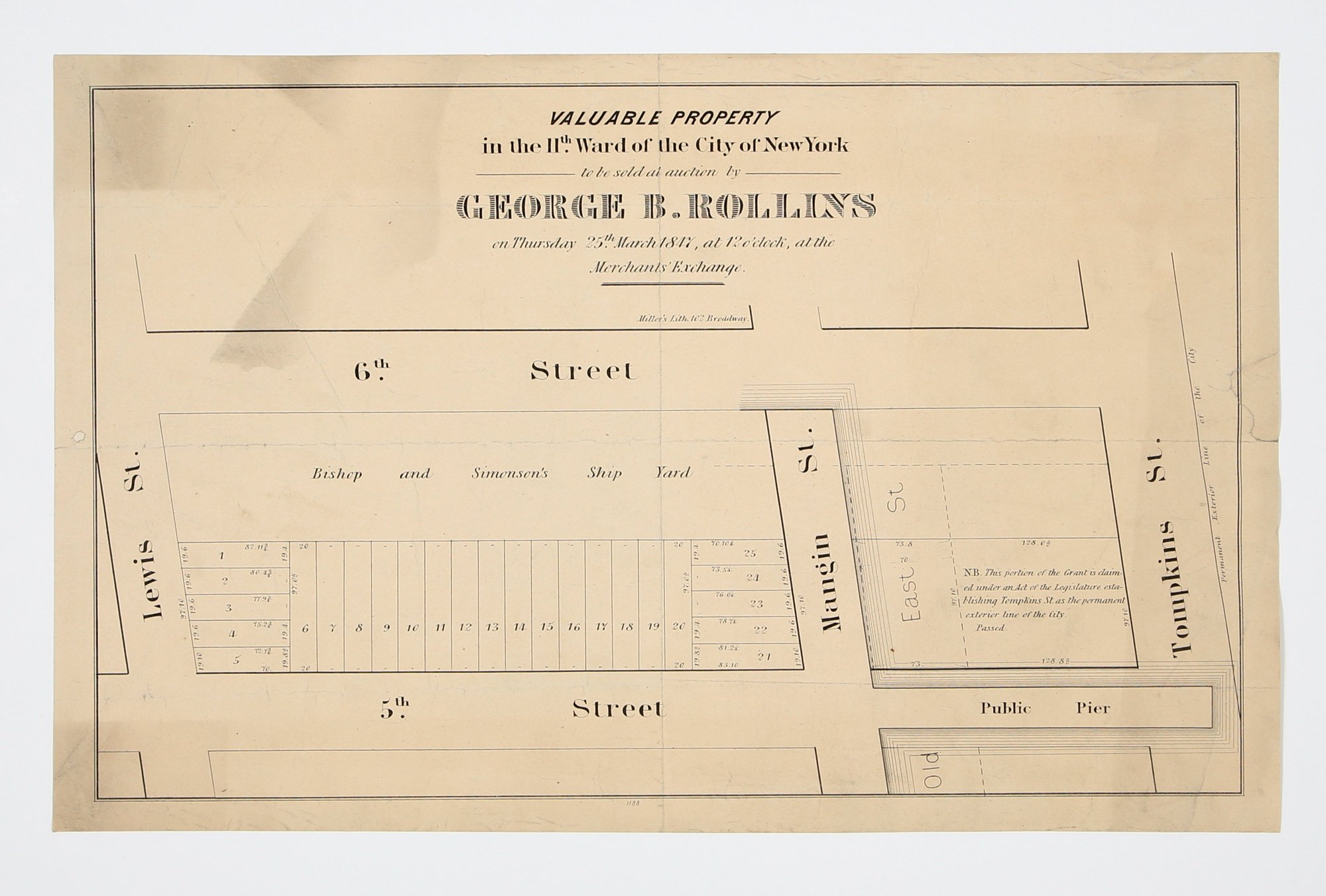 Lot image - [AUCTION MAPS- NEW YORK CITY]  ROLLINS, GEORGE B. Two nineteenth century real estate auction maps of waterfront adjacent properties, sold by George B. Rollins,