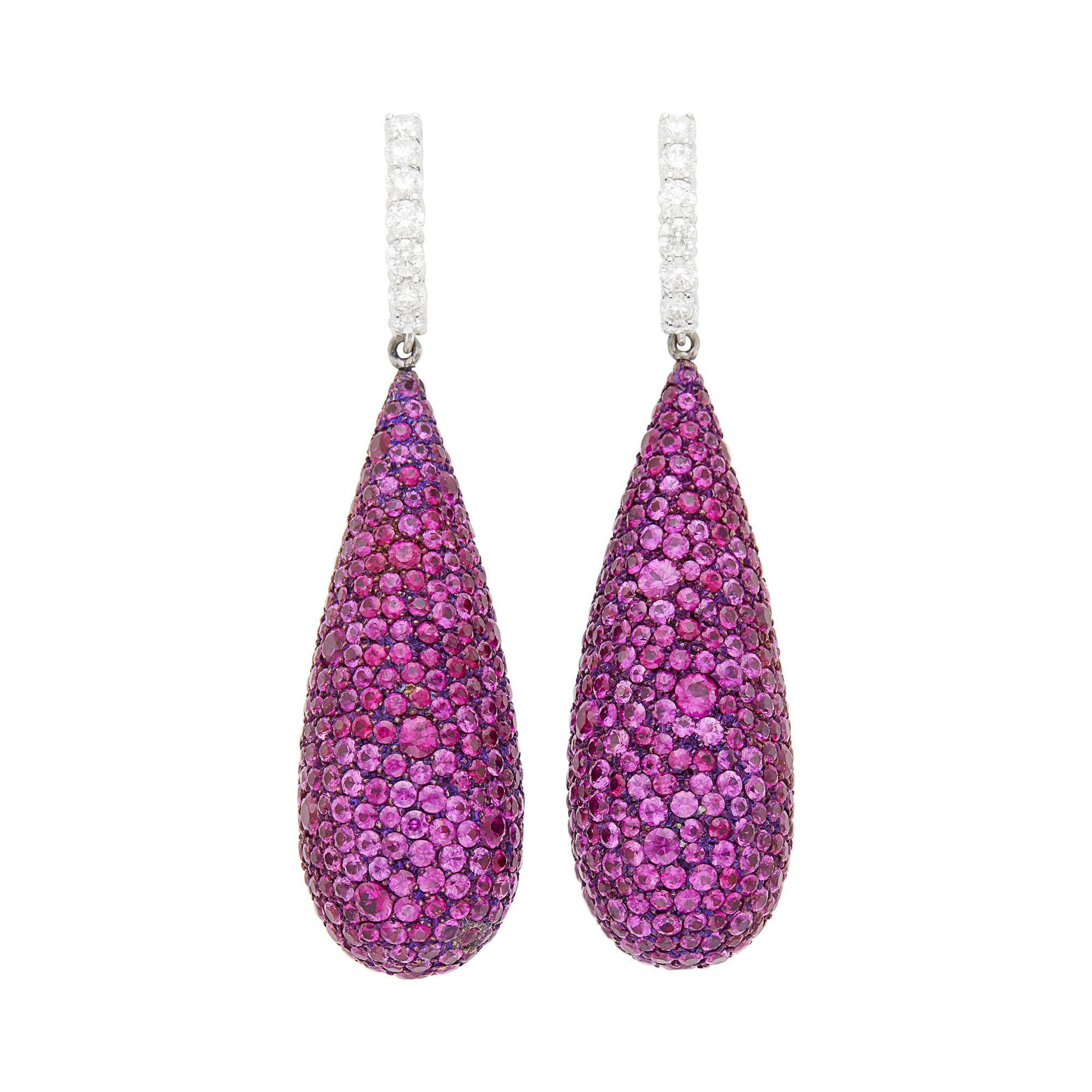 Lot image - Pair of White Gold, Blackened Titanium, Pink Sapphire and Diamond Pendant-Earrings