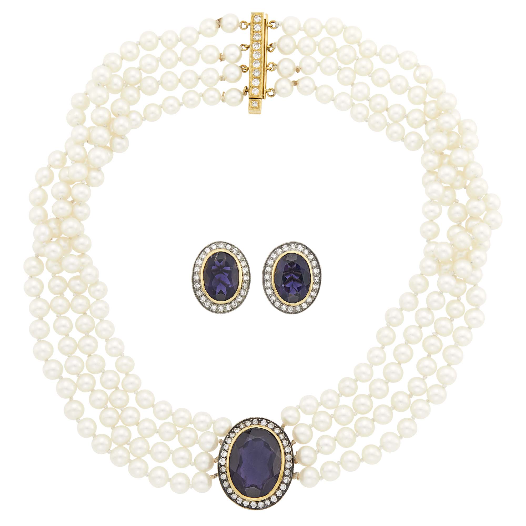Lot image - Four Strand Cultured Pearl, Silver, Gold, Iolite and Diamond Choker Necklace and Pair of Earrings