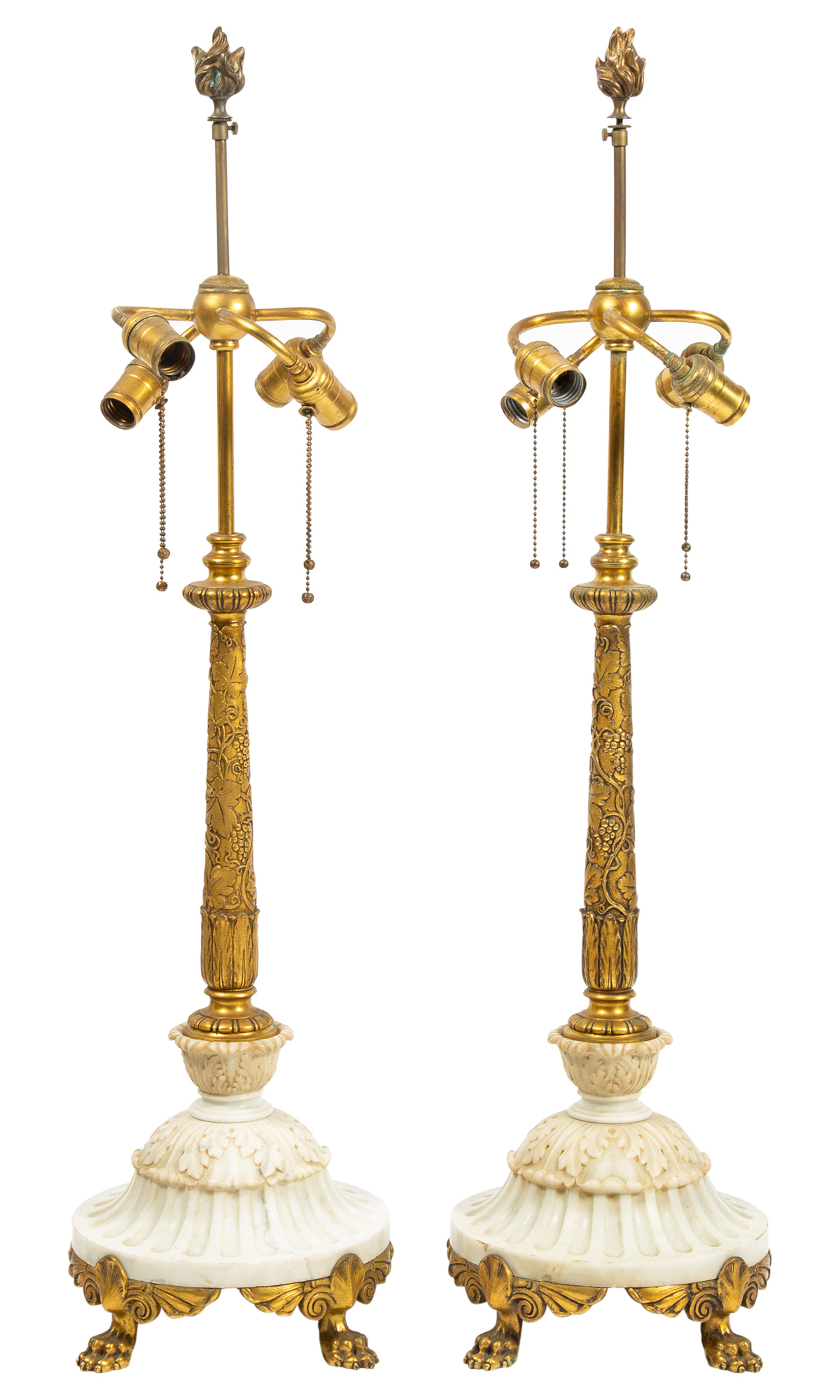 Lot image - Pair of Gilt Bronze and Carved Marble Lamps
