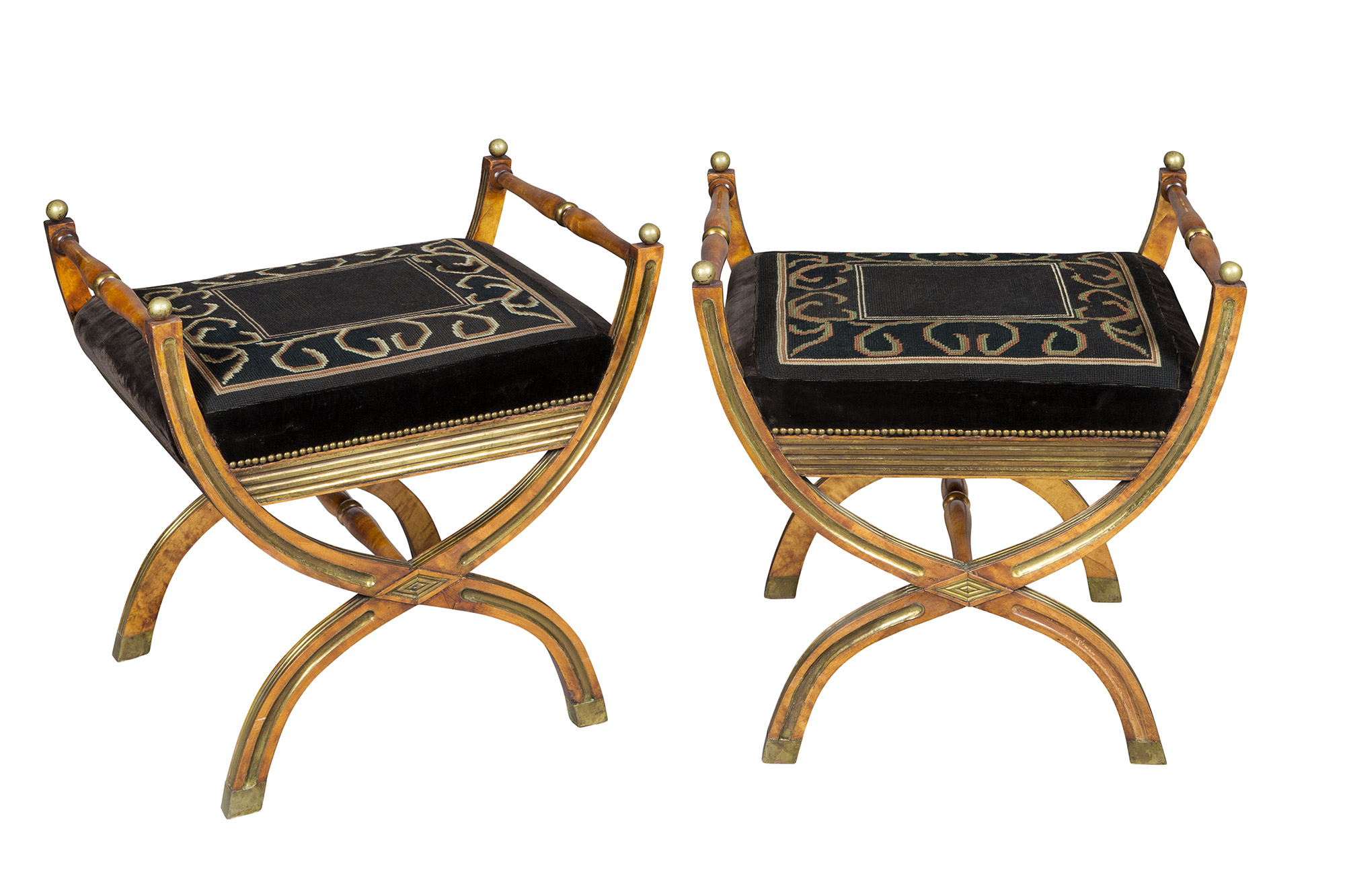 Lot image - Pair of Baltic Neoclassical Upholstered Brass-Inlaid Birch Curule Stools