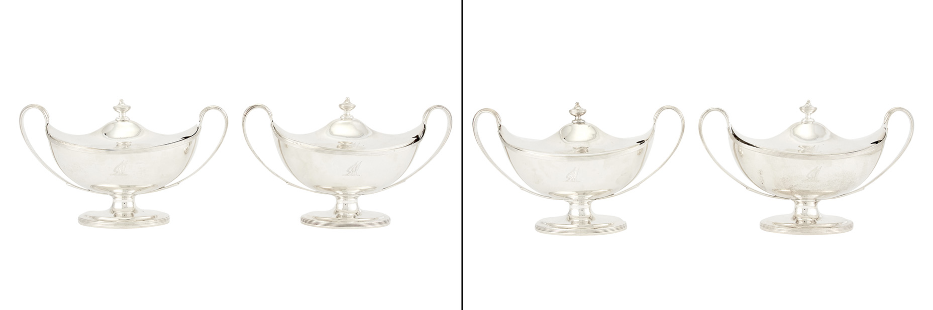 Lot image - Assembled Set of Four George III Sterling Silver Covered Sauce Tureens