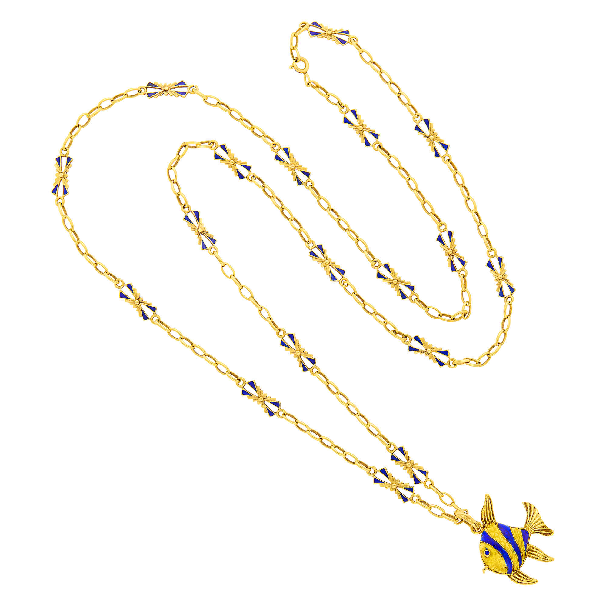Lot image - Gold, Blue and Yellow Enamel Fish Pendant with Long Gold and Blue Enamel Chain Necklace