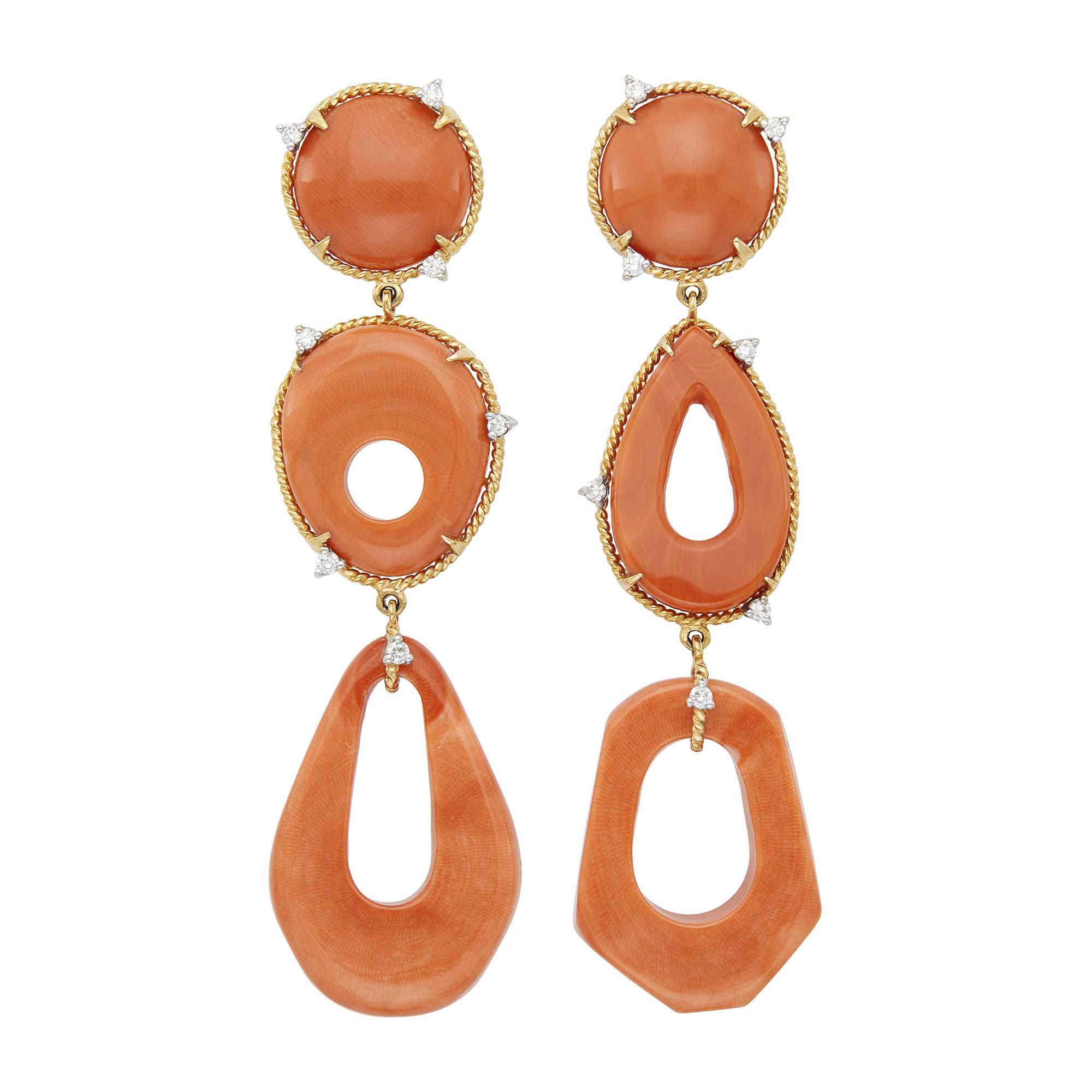 Lot image - Pair of Gold, Coral and Diamond Pendant-Earclips