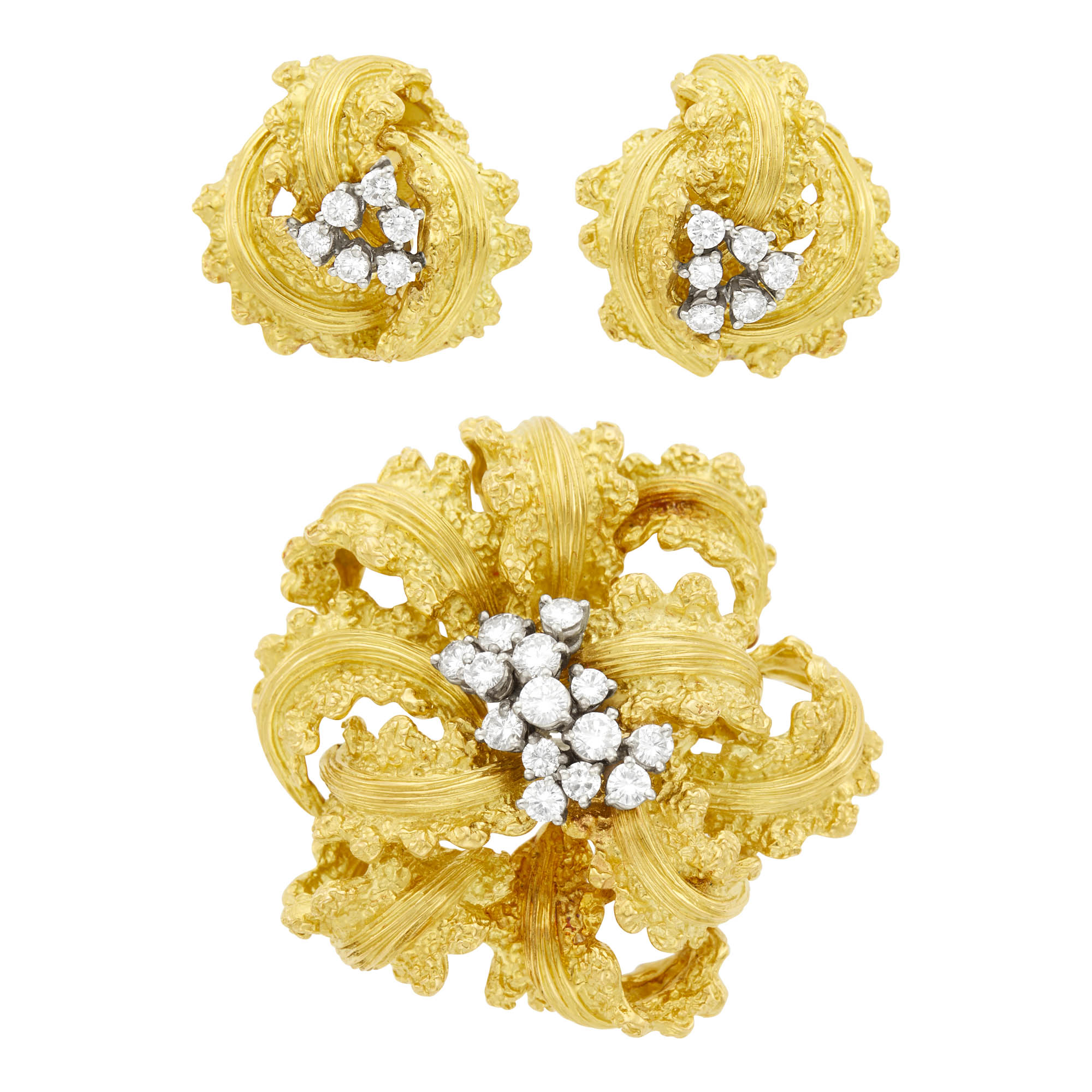Lot image - Gold and Diamond Flower Brooch and Pair of Earclips