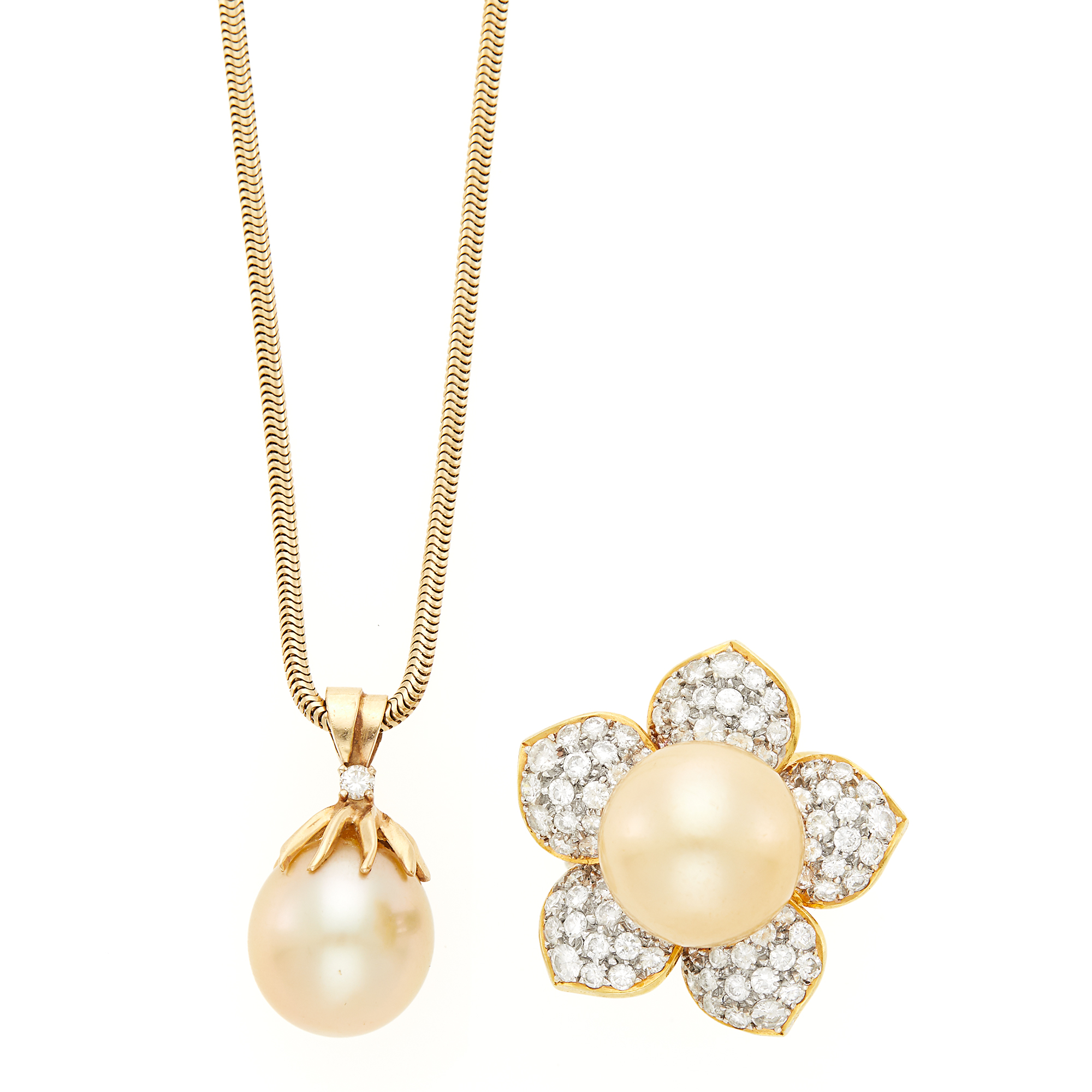 Lot image - Gold, Golden Cultured Pearl and Diamond Flower Ring and Pendant with Snake Chain Necklace