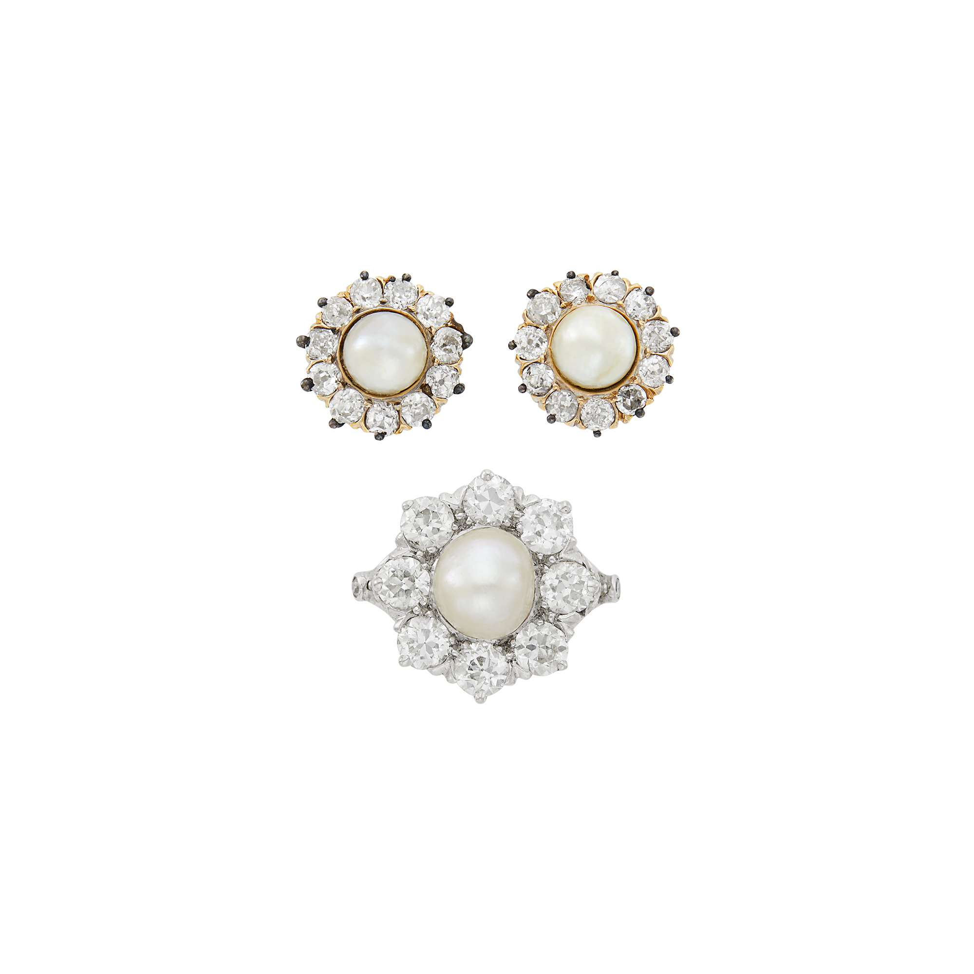 Lot image - Platinum, Button Pearl and Diamond Ring and Pair of Gold, Button Pearl and Diamond Earrings
