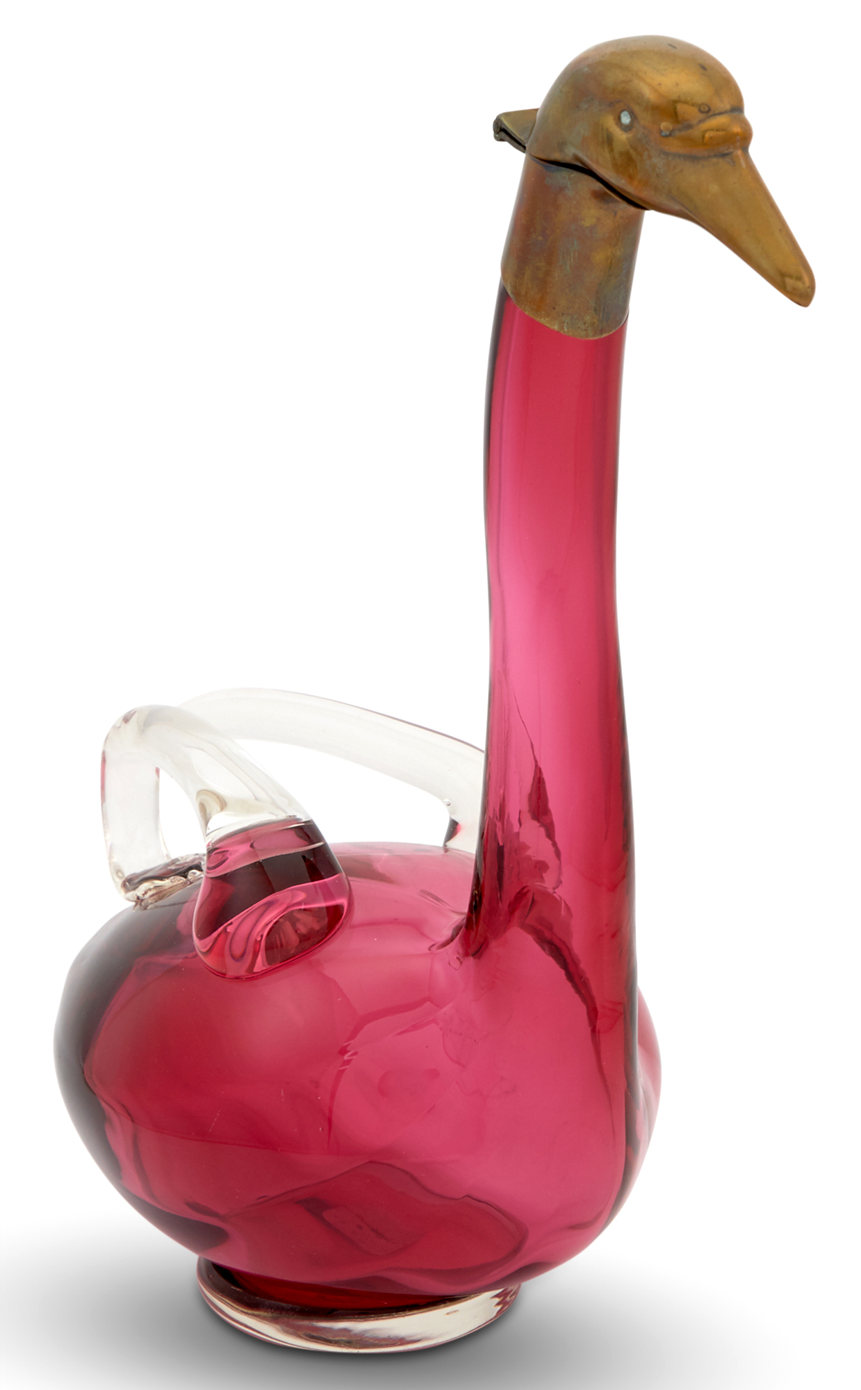 Lot image - Austrian Novelty Brass and Ruby Glass Swan-Form Claret Jug