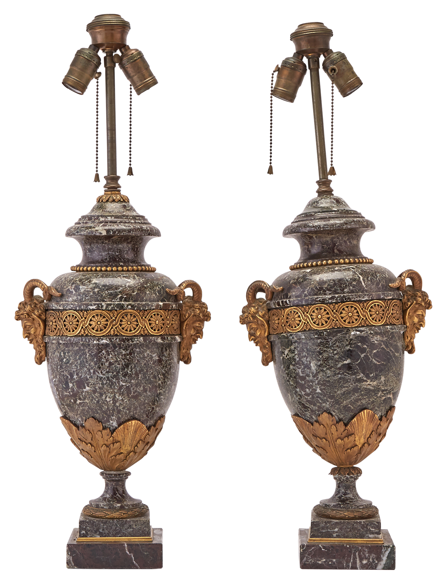 Lot image - Pair of Louis XVI Style Gilt-Bronze and Marble Urn-Form Lamps