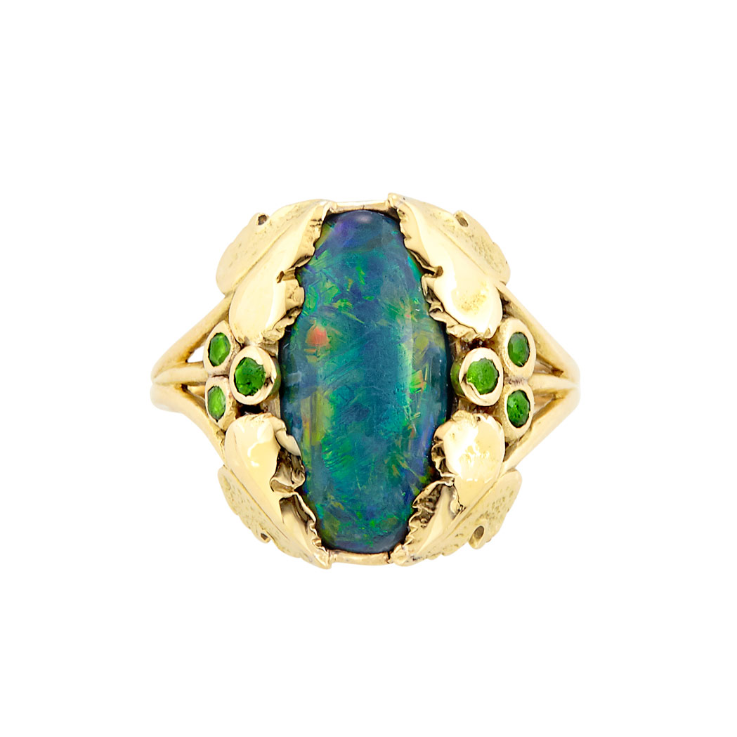 Lot image - Art Nouveau Gold, Black Opal, and Demantoid Garnet Ring, Tiffany & Co.