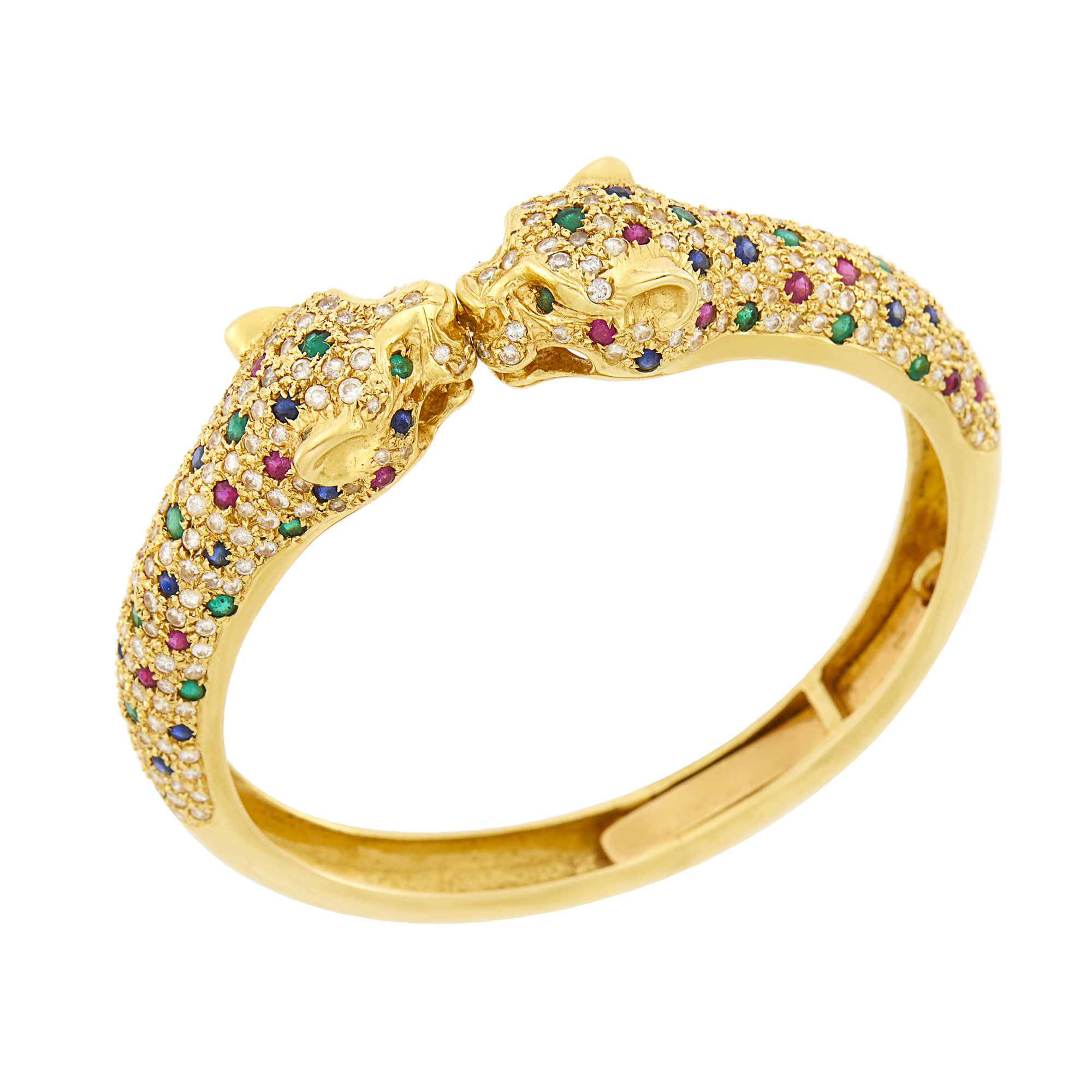 Lot image - Gold, Diamond, Enamel and Colored Stone Panther Bangle Bracelet