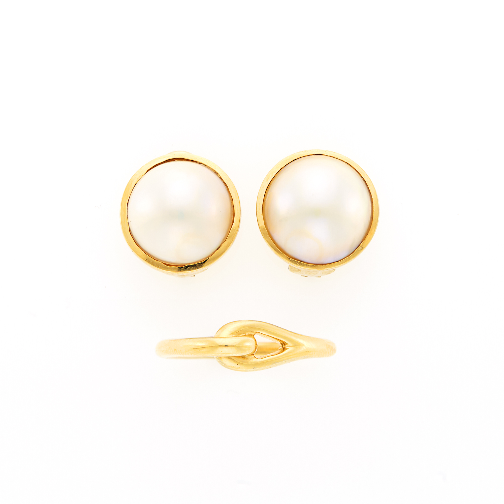 Lot image - Black, Starr & Frost Pair of Mabé Pearl Earclips and Tiffany & Co. Gold Interlocking Ring