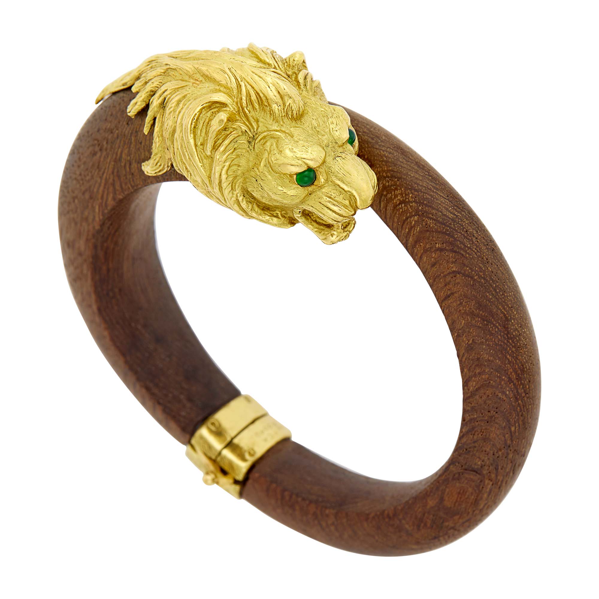 Lot image - Van Cleef & Arpels Gold, Wood and Green Onyx Lion Head Bangle Bracelet, France