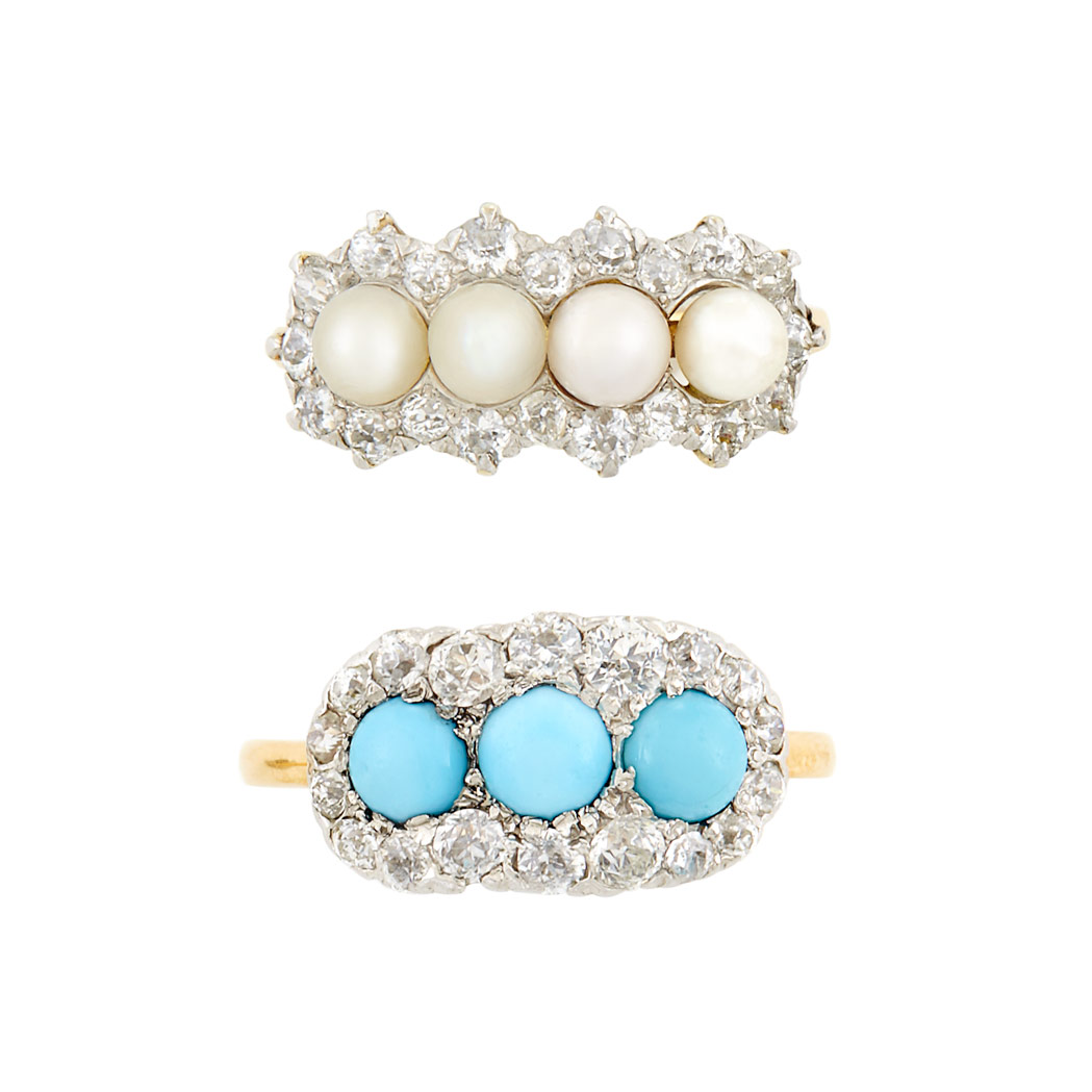 Lot image - Antique Gold, Turquoise and Diamond Ring, Tiffany & Co., and Platinum, Gold, Pearl and Diamond Ring