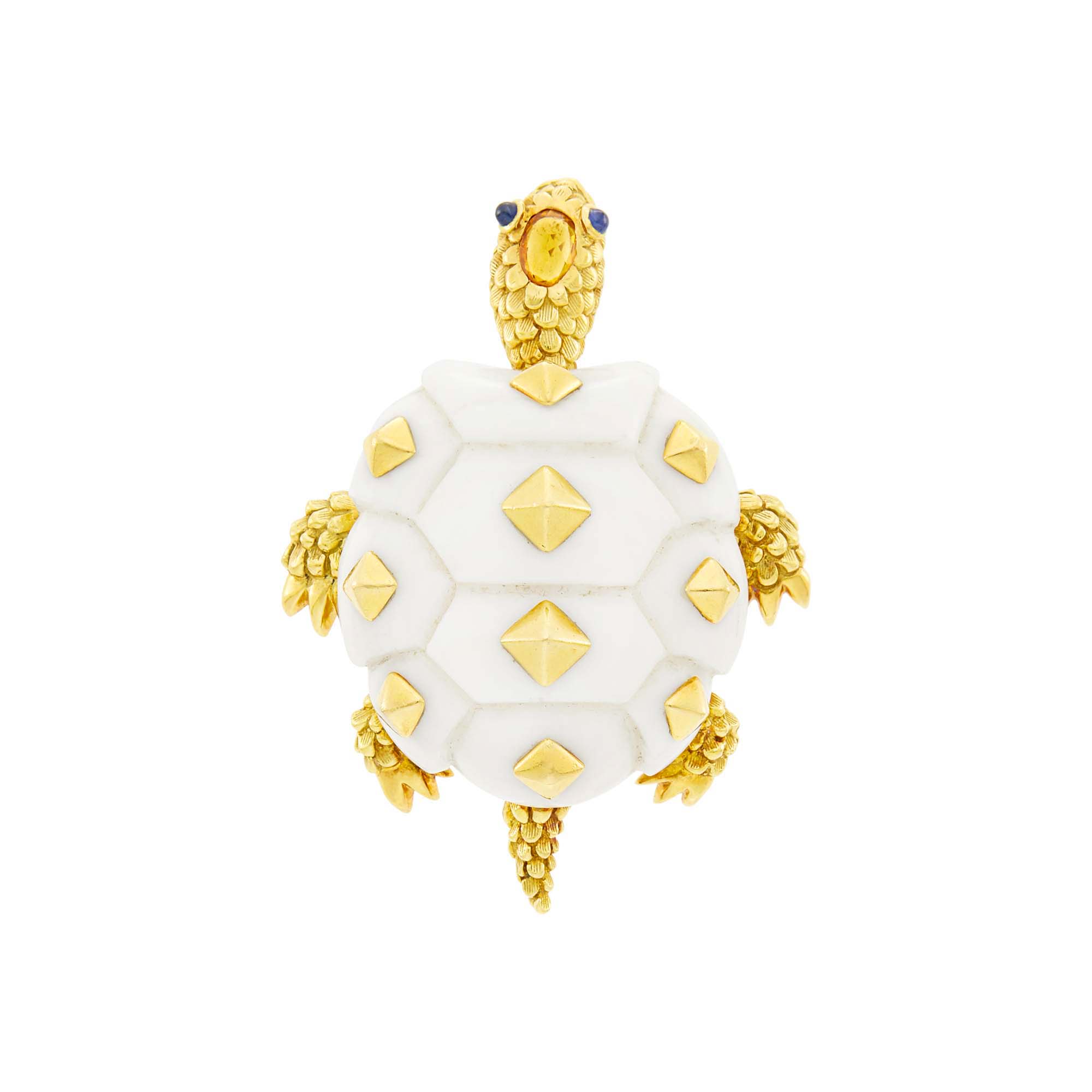 Lot image - Seaman Schepps Gold and Carved White Agate, Citrine and Cabochon Sapphire Turtle Clip-Brooch