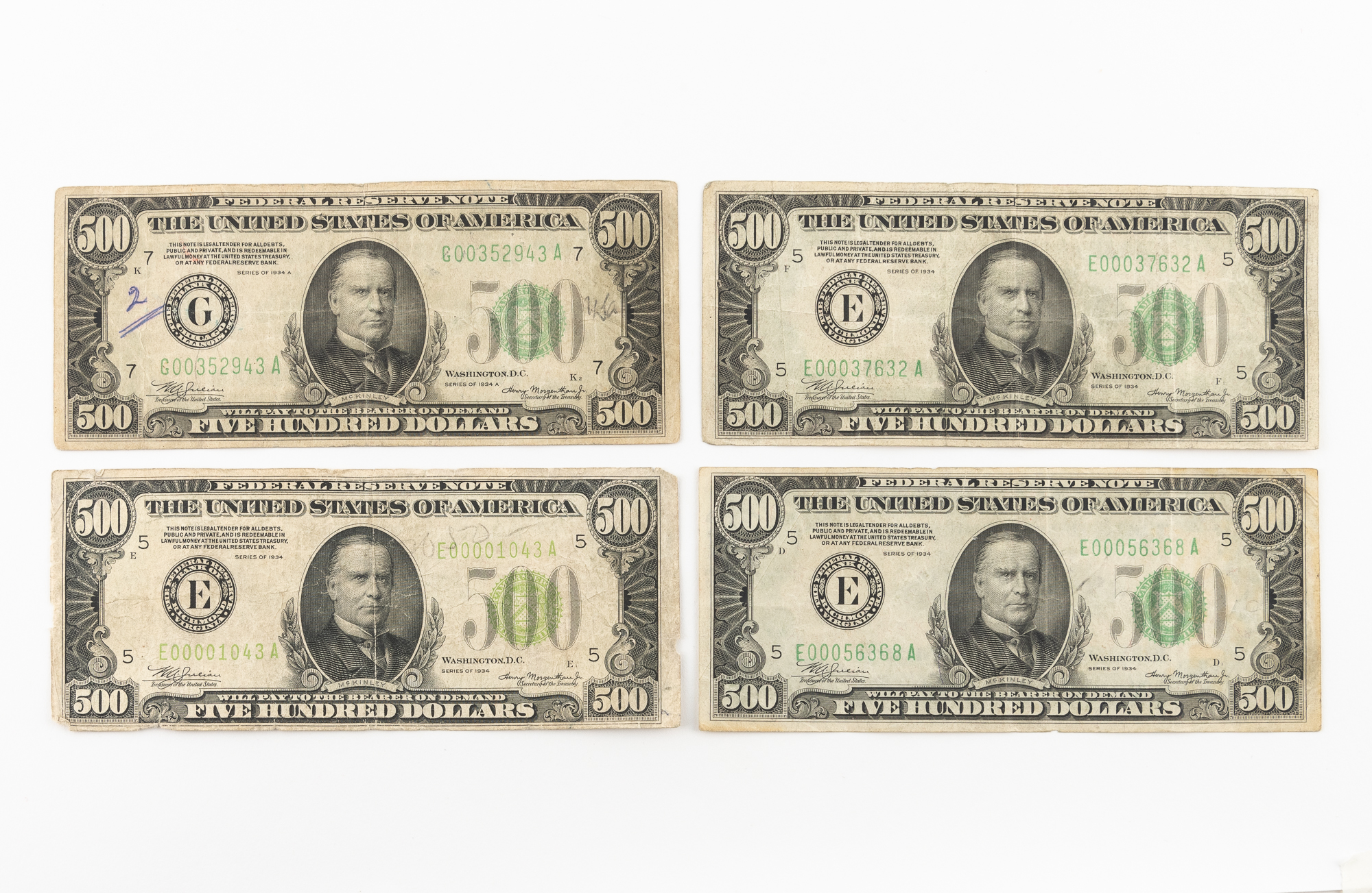 Lot image - United States Four 1934 $500 Federal Reserve Notes Fr. 2211/12