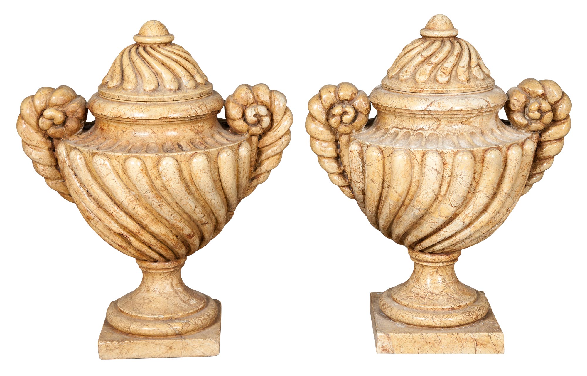 Lot image - Pair of Baroque Style Marbled Terracotta Lidded Urns