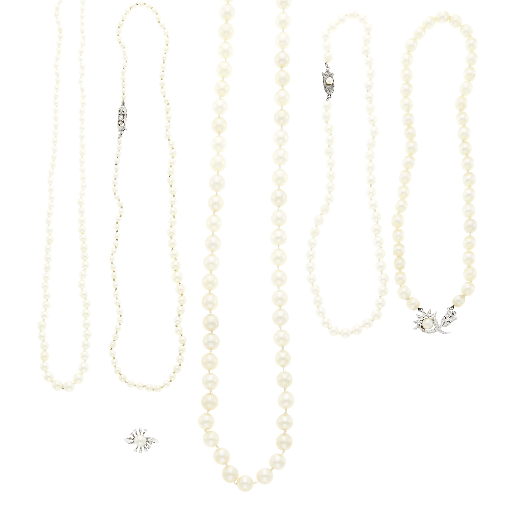 Lot image - Five Cultured Pearl Necklaces and White Gold, Diamond and Cultured Pearl Ring