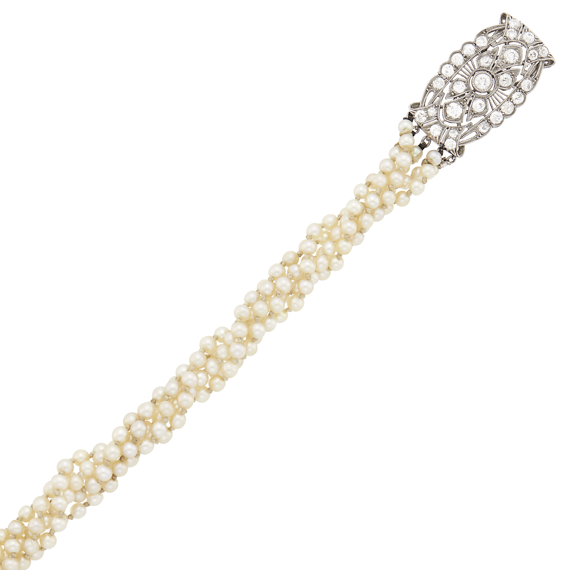 Lot image - Five Strand Pearl Torsade Bracelet with Platinum and Diamond Clasp