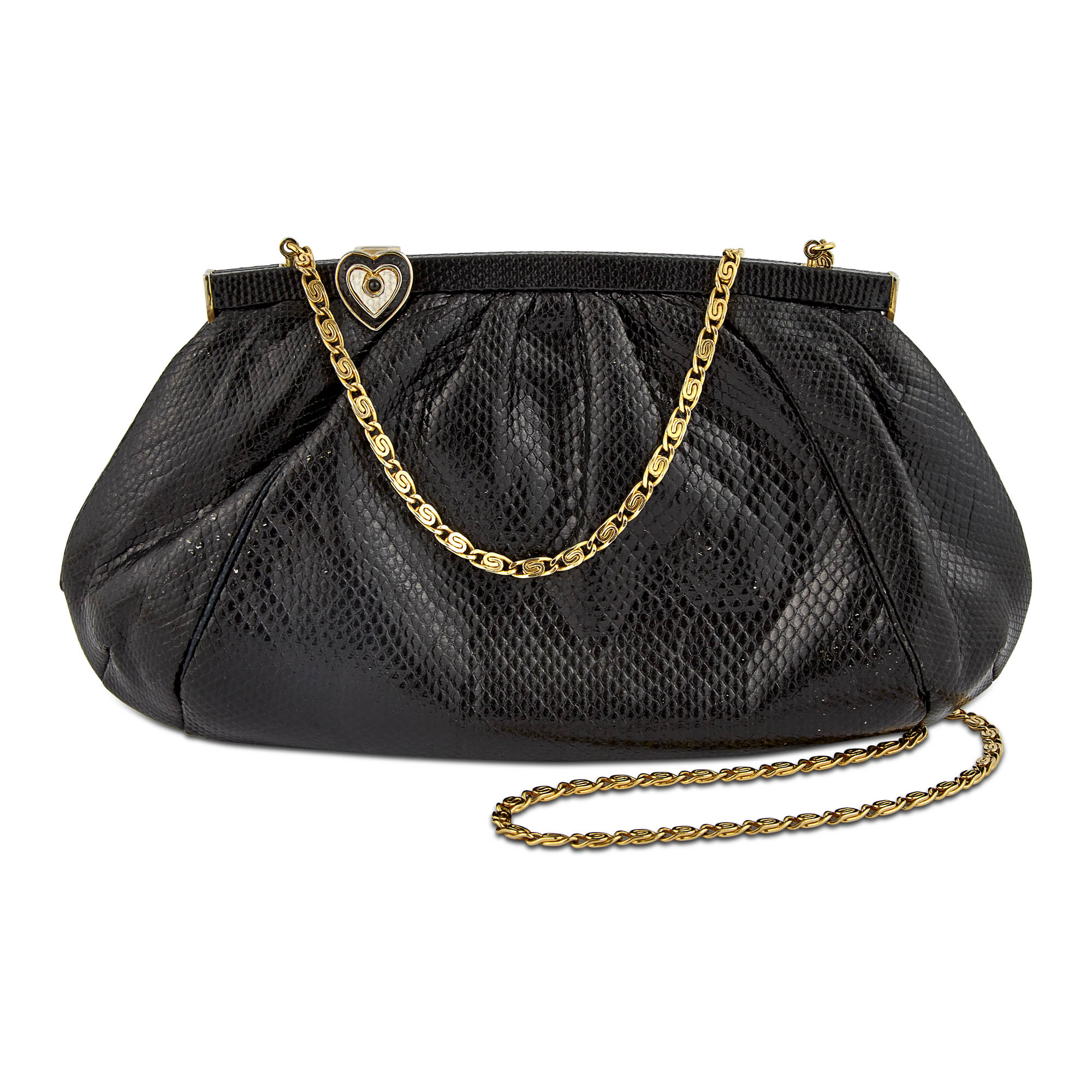 Lot image - Judith Leiber Black Leather Clutch with Heart Clasp