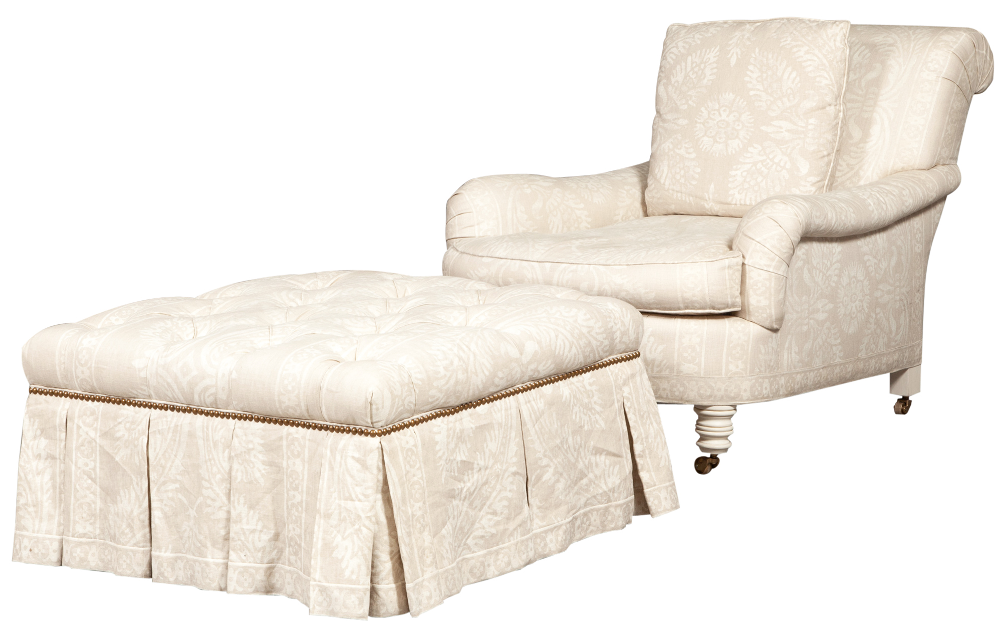 Lot image - Upholstered Painted Wood Club Chair and Ottoman