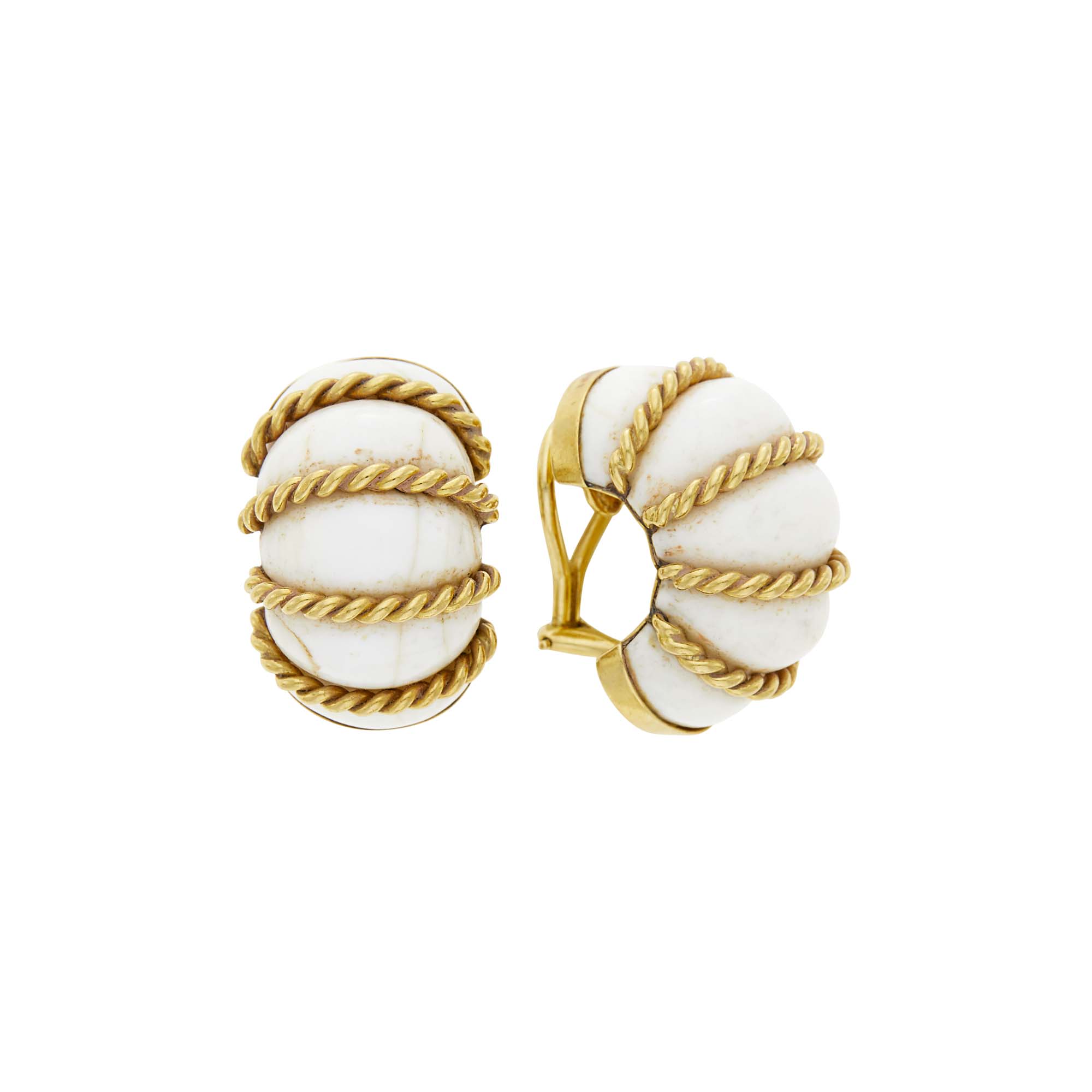 Lot image - Seaman Schepps Pair of Gold and White Agate Shrimp Bombé Earclips