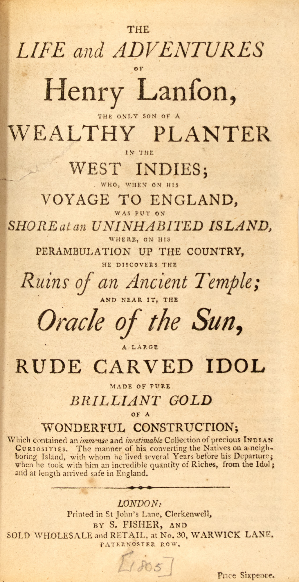 Lot image - [VOYAGES AND TRAVEL - JUVENILE LITERATURE] [LANSON, HENRY]. The Life and Adventures of Henry Lanson the only son of a wealthy p...