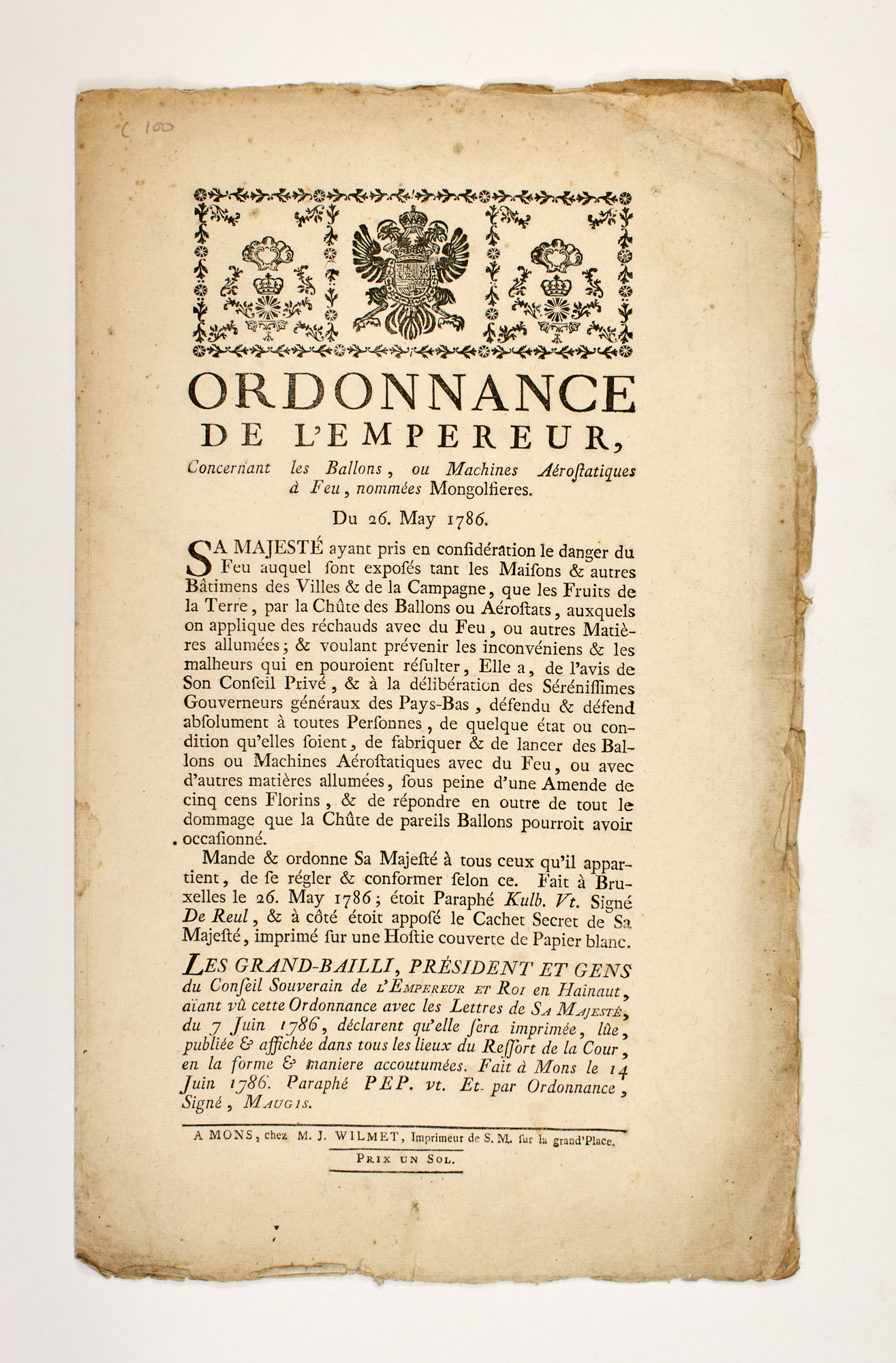 Lot image - [BALLOONING]  Ordonnance de lEmpereur concernant les ballons ou machines aérostatiques à feu, nommées Mongolfieres.