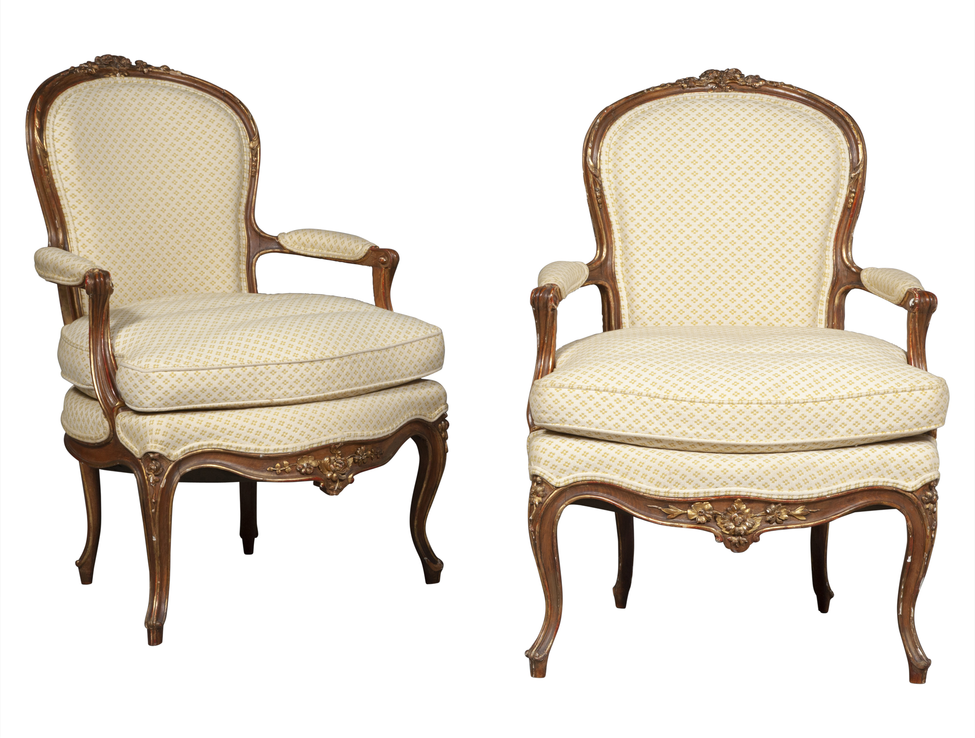 Lot image - Pair of Louis XV Style Upholstered Carved Wood Fauteuils