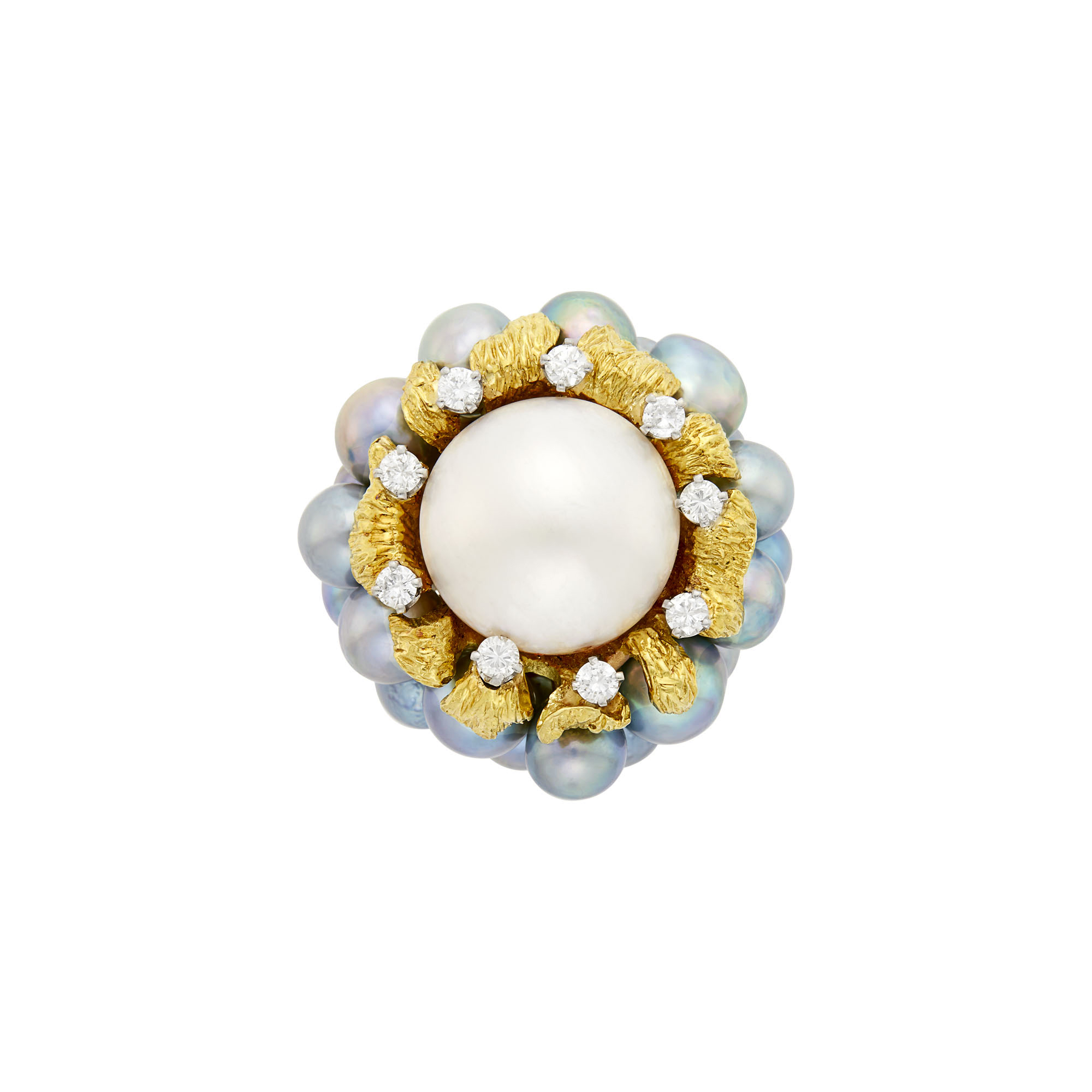 Lot image - La Triomphe Gold, Mabé and Gray Semi-Baroque Cultured Pearl and Diamond Flower Ring
