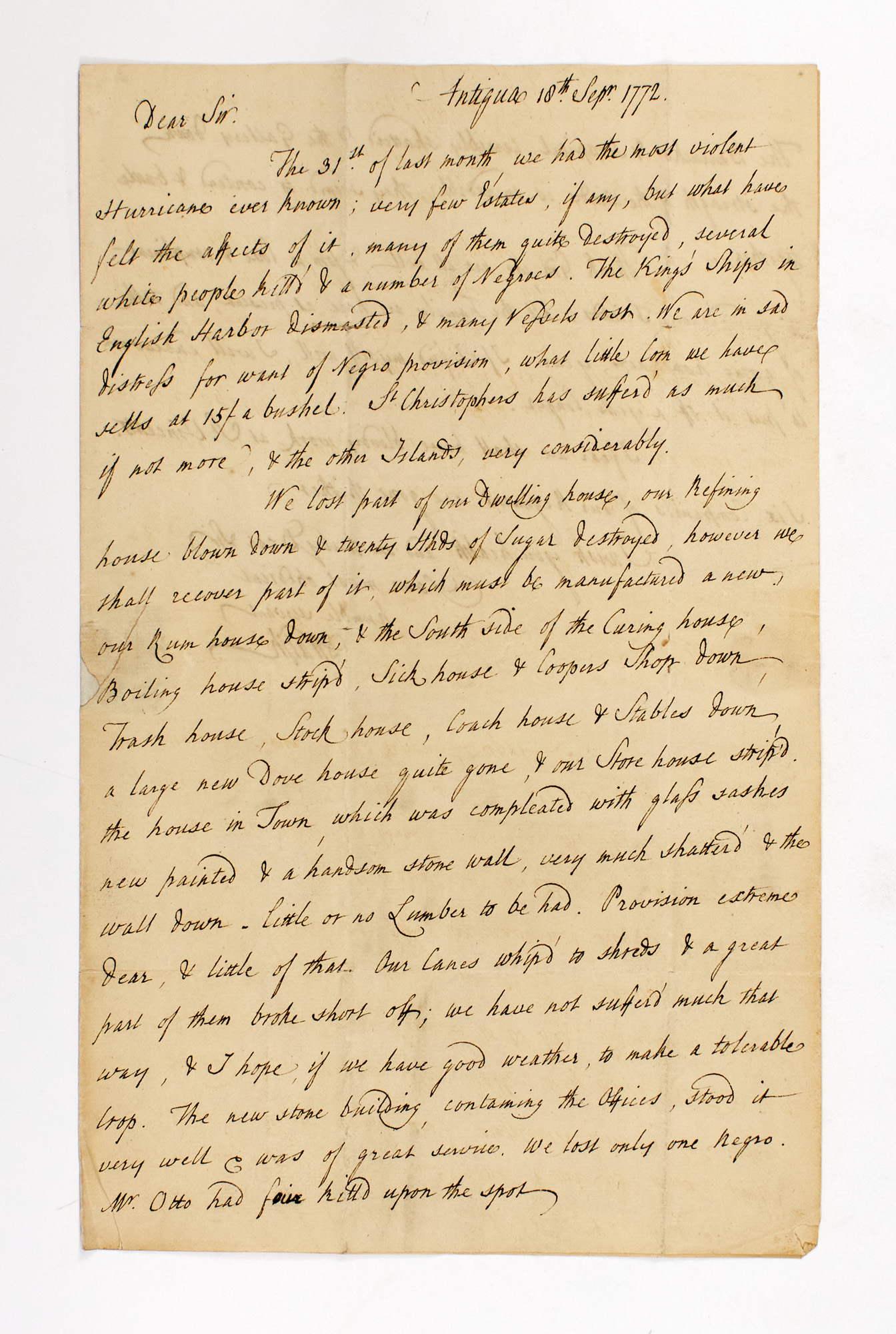 Lot image - [ANTIGUA]  WALSH, D. Autograph letter signed to James Scott regarding the loss of life and property damage due to a hurricane.