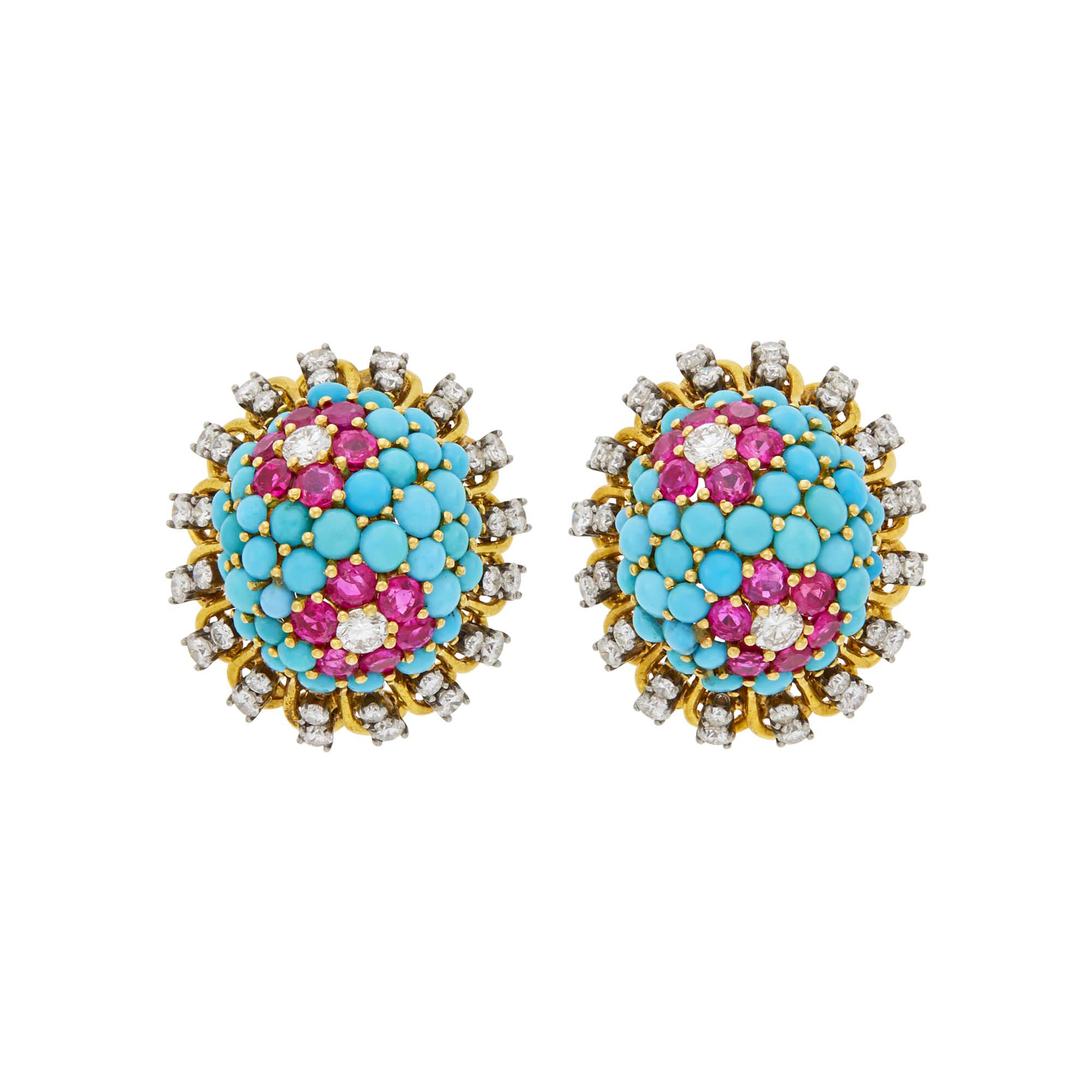 Lot image - Pair of Gold, Platinum, Turquoise, Ruby and Diamond Dome Earrings
