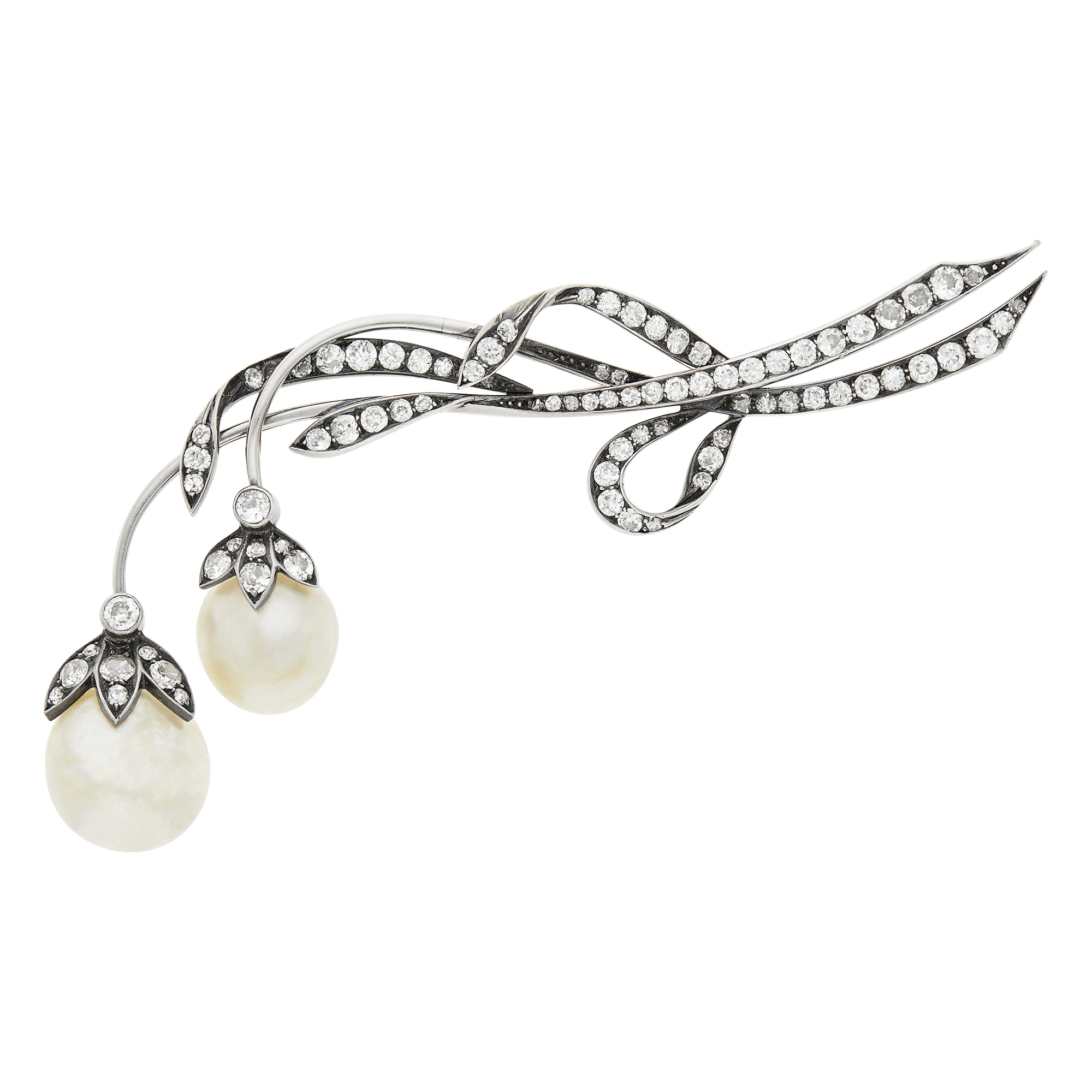 Lot image - Antique Silver, Gold, Natural Pearl and Diamond Brooch