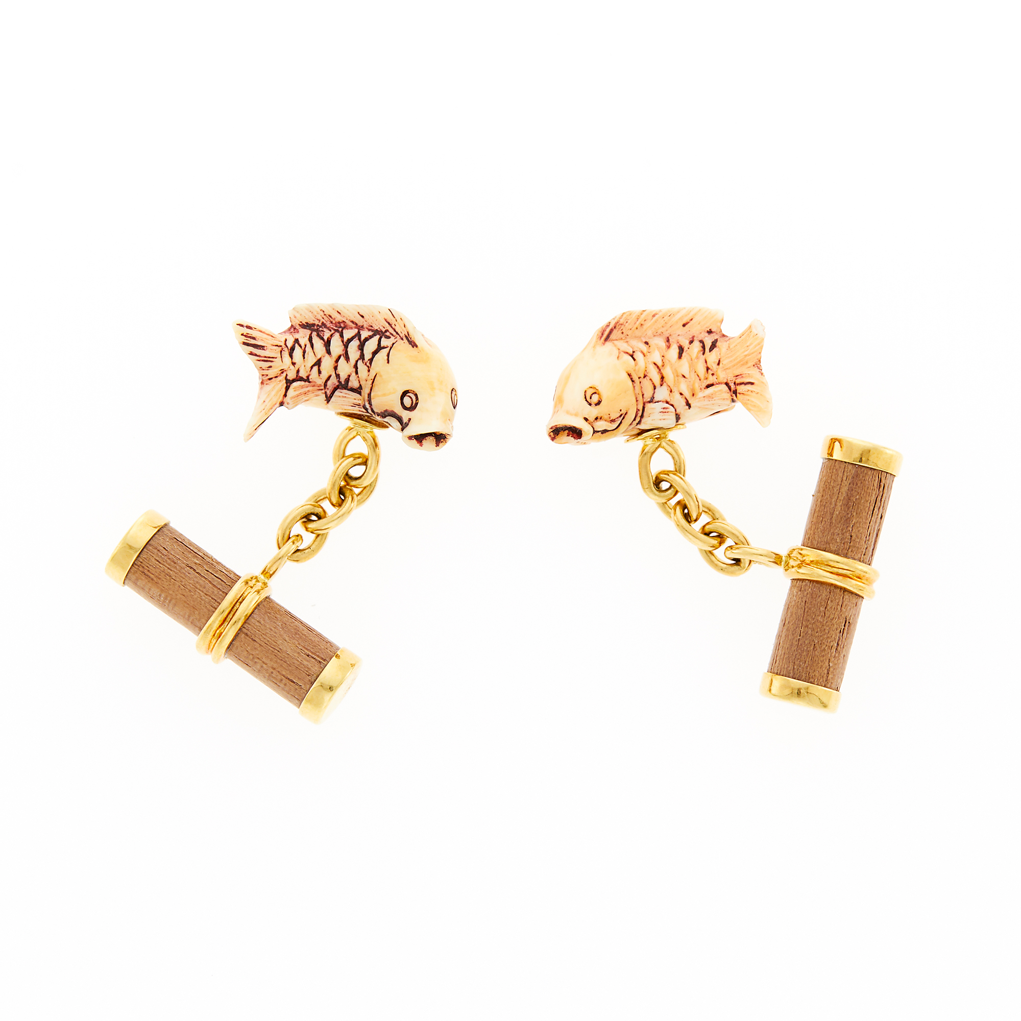 Lot image - Trianon Pair of Gold Carved Mammoth and Wood Fish Cufflinks