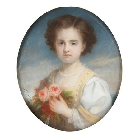 Lot image - Frederike Emilie Auguste OConnell German, 1823-1885 Portrait of a Young Girl with Red Ribbons, 1856 and Portrait of a Young Girl Ho..