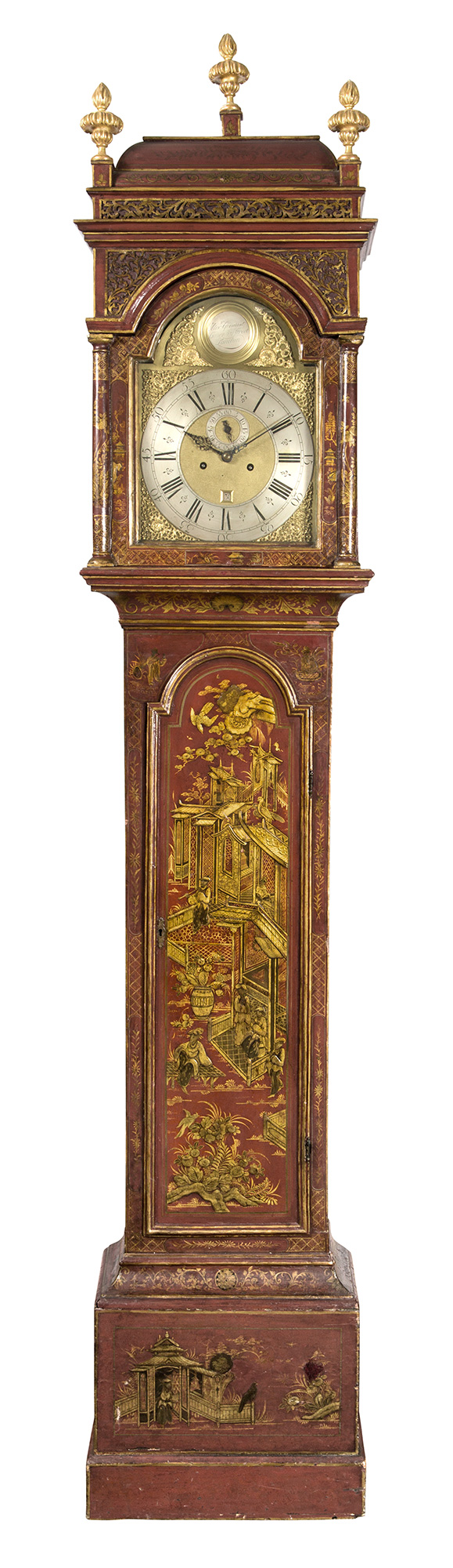 Lot image - George II Red-Japanned and Parcel-Gilt Longcase Clock