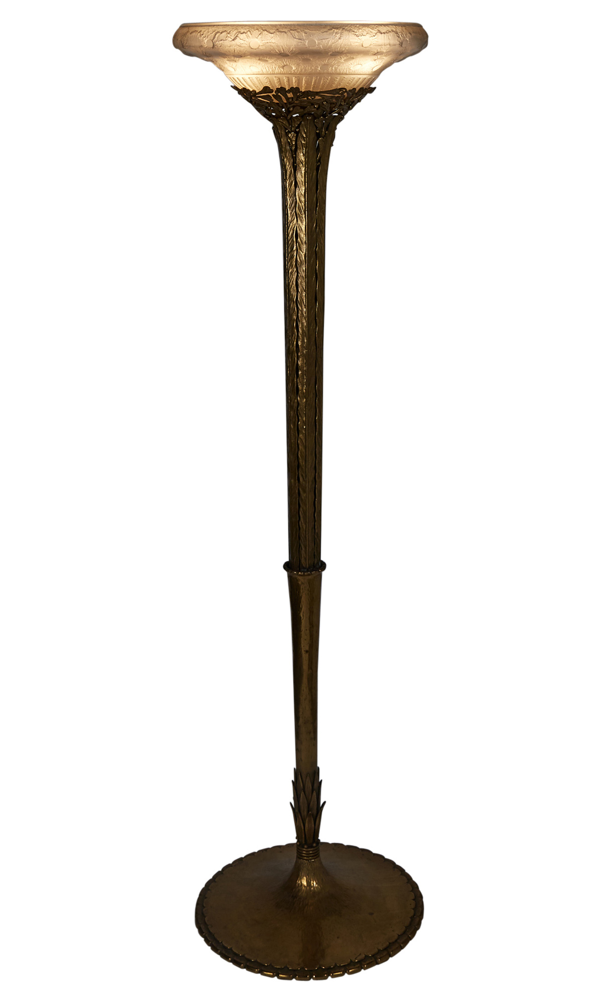 Lot image - Louis Katona and Daum Art Deco Gilt-Iron and Acid-Etched Glass Floor Lamp