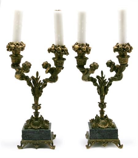 Lot image - Pair of Transitional Louis XV/XVI Style Gilt-Bronze Figural Two-Light Candelabra