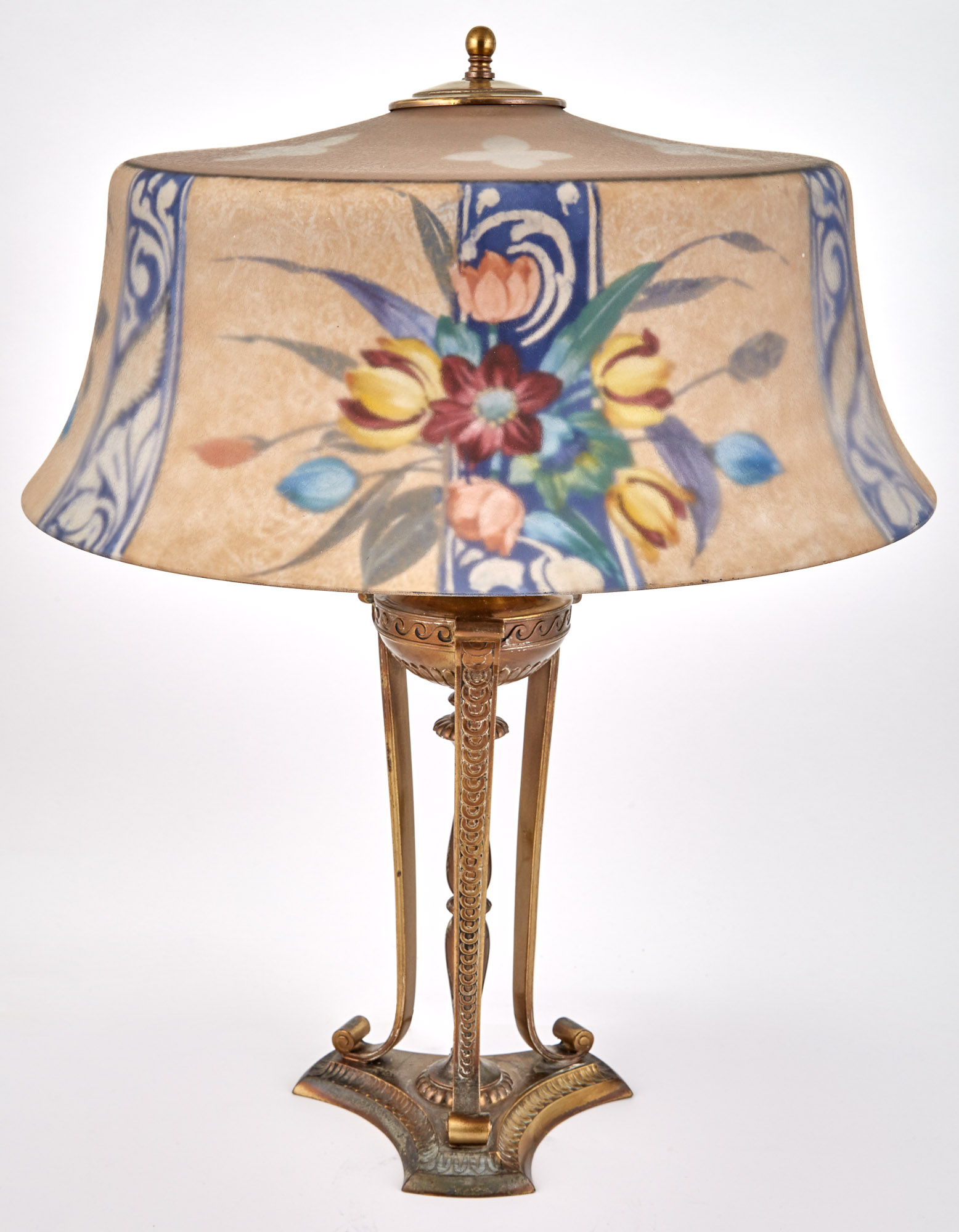 Lot image - Pairpoint Corporation Patinated Spelter and Reverse-Painted Glass Lamp