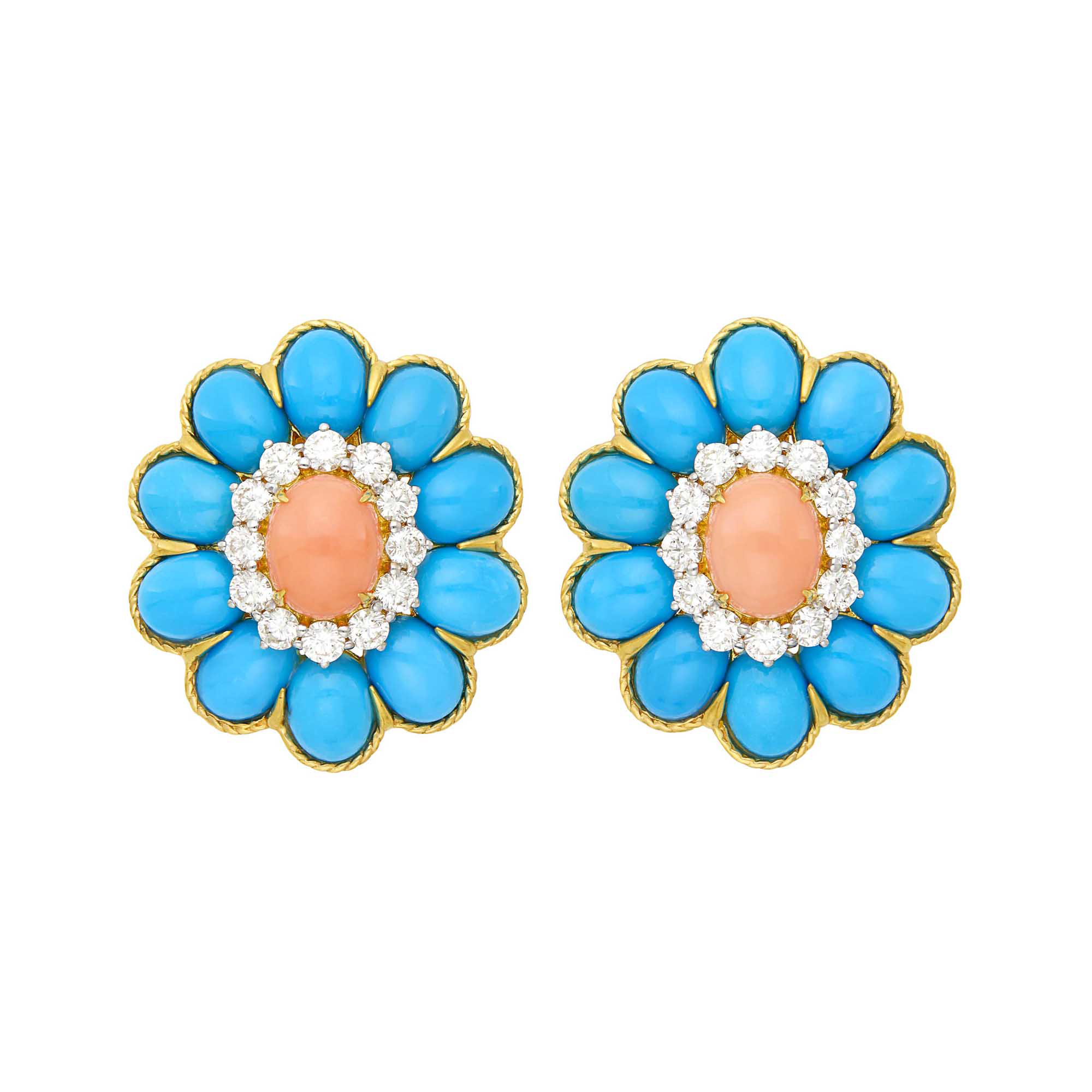 Lot image - Pair of Gold, Angel Skin Coral, Turquoise and Diamond Earclips