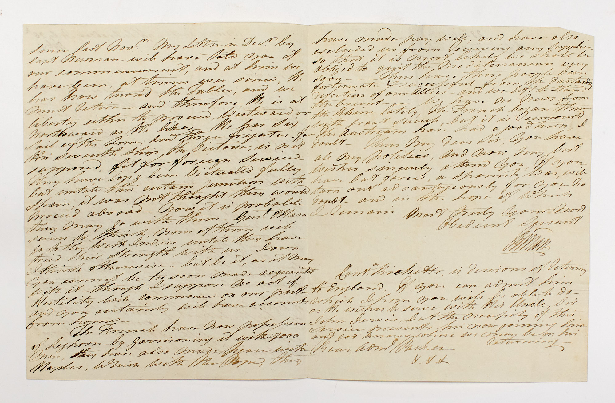 Lot image - [ANGLO-SPANISH WAR etc.]  MAN, ROBERT, Admiral. Autograph letter signed from Gibraltar to Rear Admiral Hyde Parker at Santo Domingo, accompanied by a signed order.
