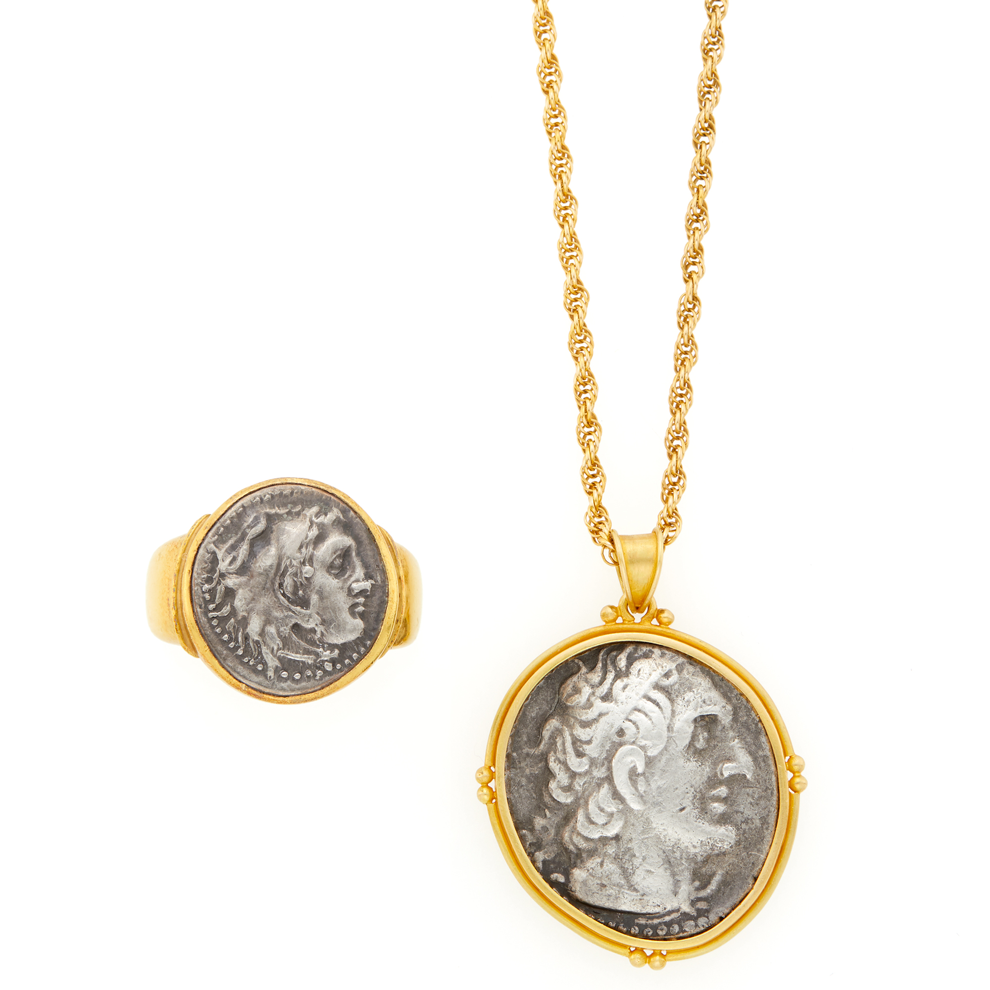 Lot image - Gold and Silver Coin Ring and Pendant with Chain Necklace