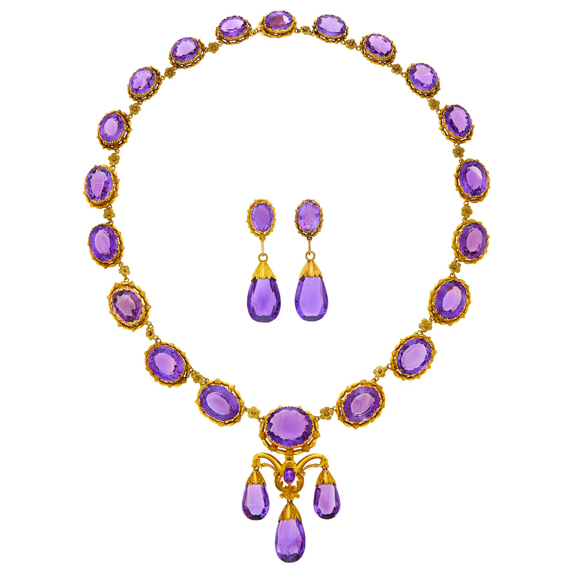 Lot image - Antique Two-Color Gold and Amethyst Pendant-Necklace and Pair of Pendant-Earrings
