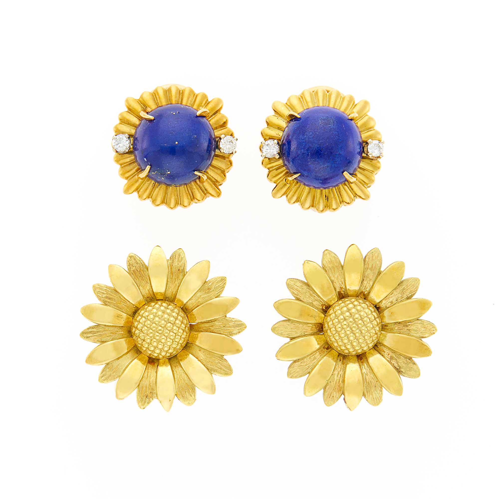 Lot image - Pair of Gold Sunflower Earrings and Lapis and Diamond Earrings