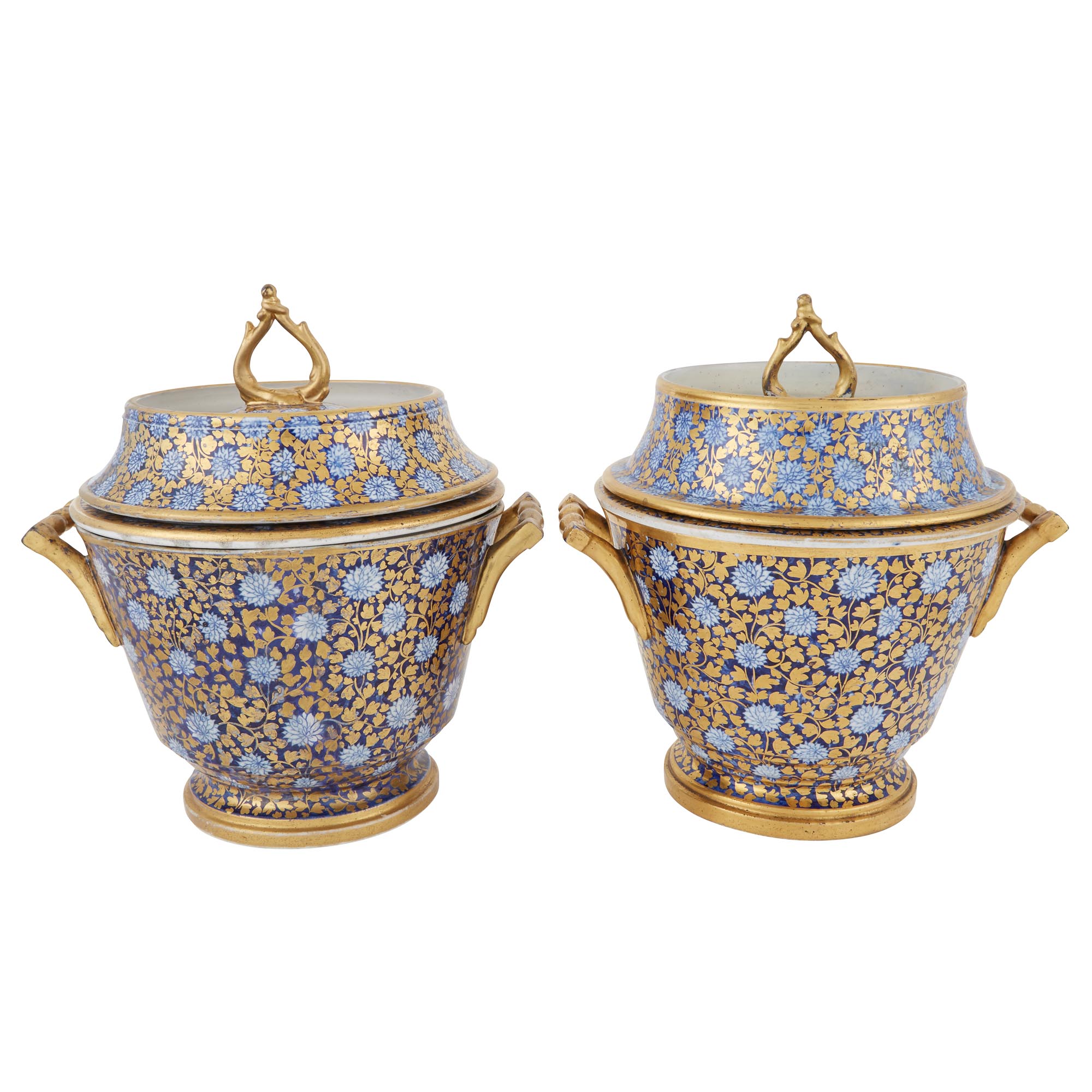 Lot image - Pair of English Gilt and Floral Decorated Porcelain Fruit Coolers