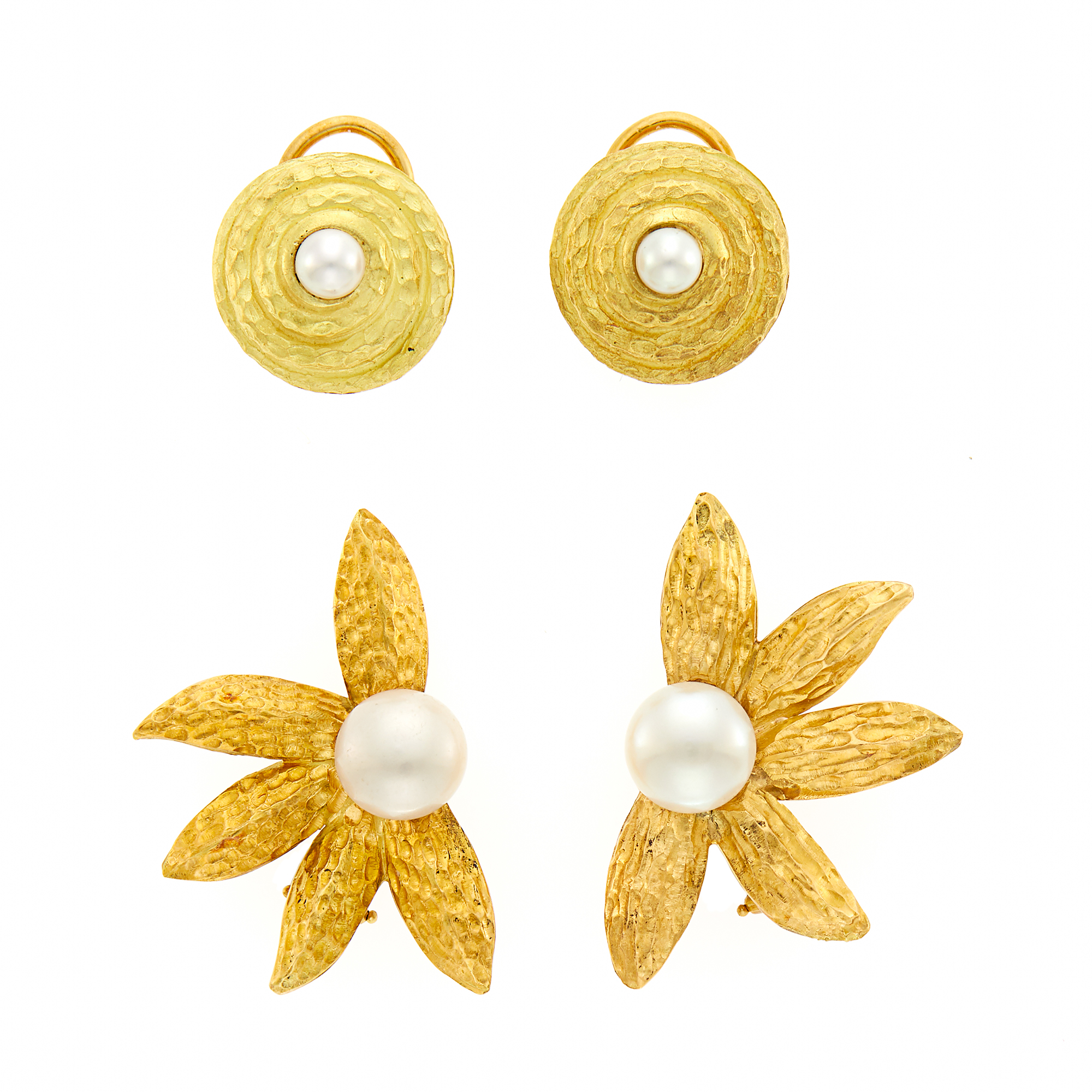 Lot image - Two Pairs of Gold, Cultured and Freshwater Pearl Earclips